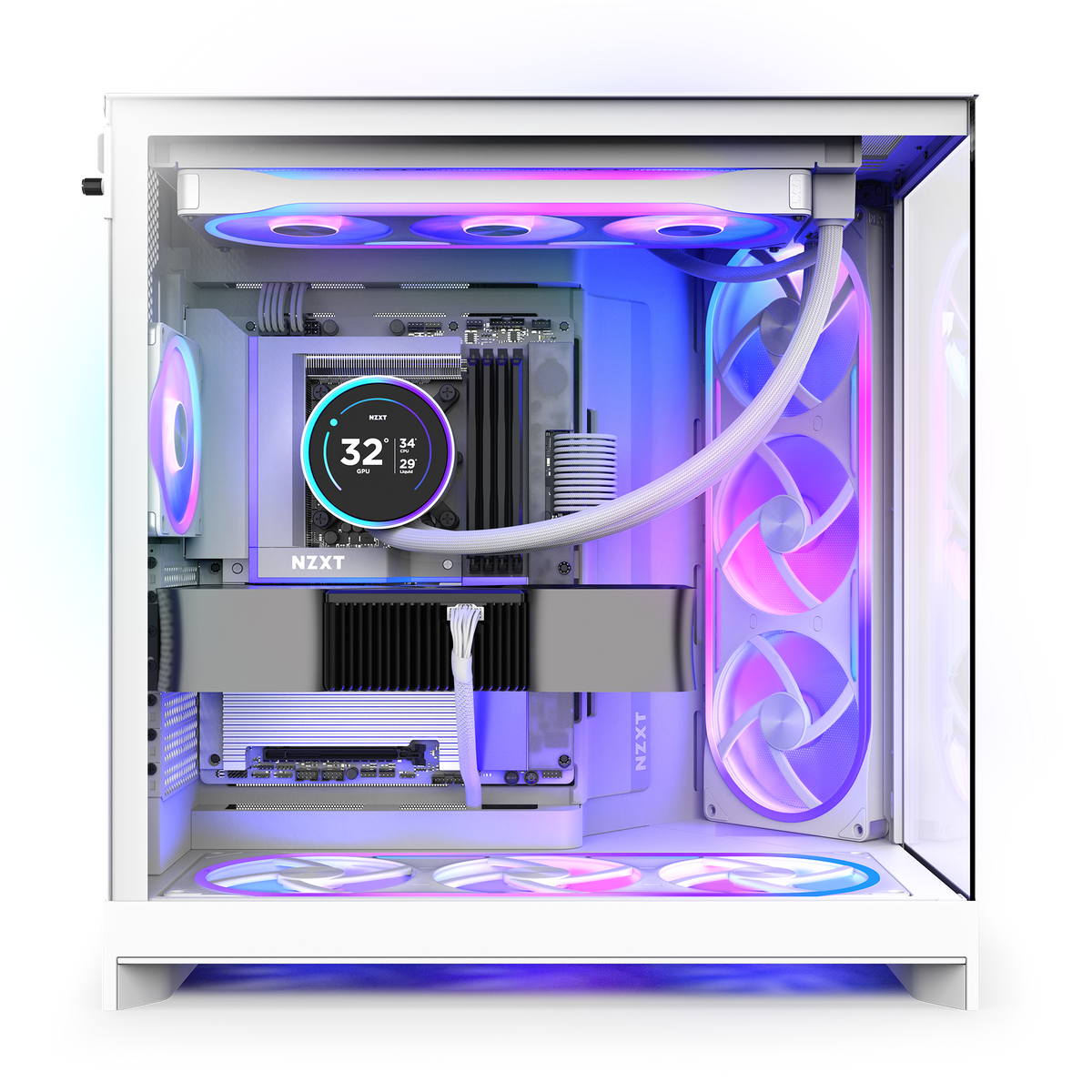 NZXT F360U white fans installed in a build