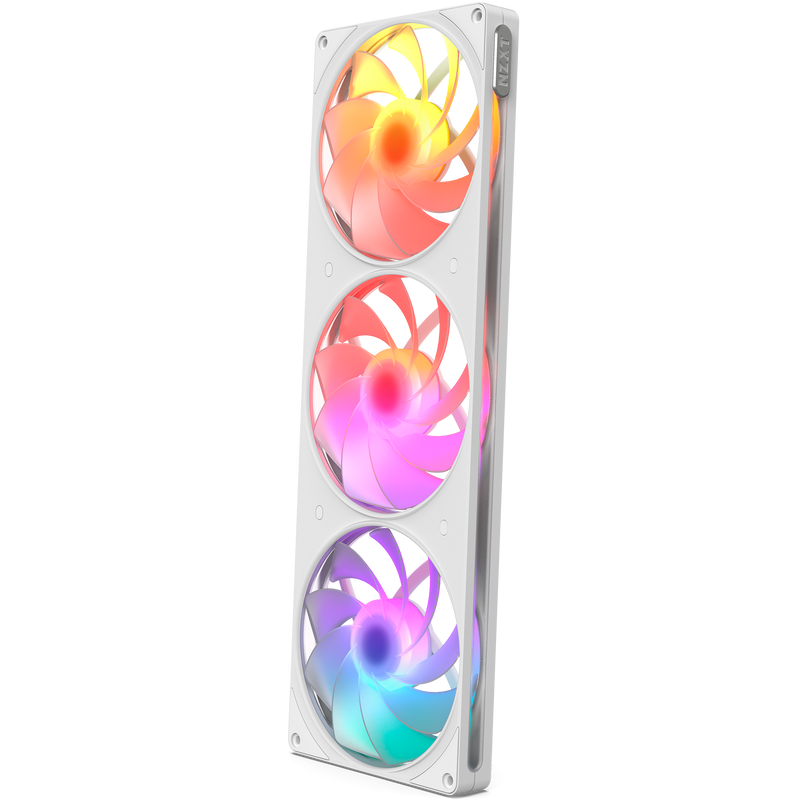 NZXT F420 RGB Reverse white three-pack, front view with RGB lighting