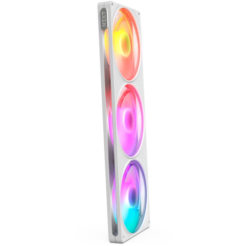 NZXT F420 RGB white three-pack, front view with RGB lighting