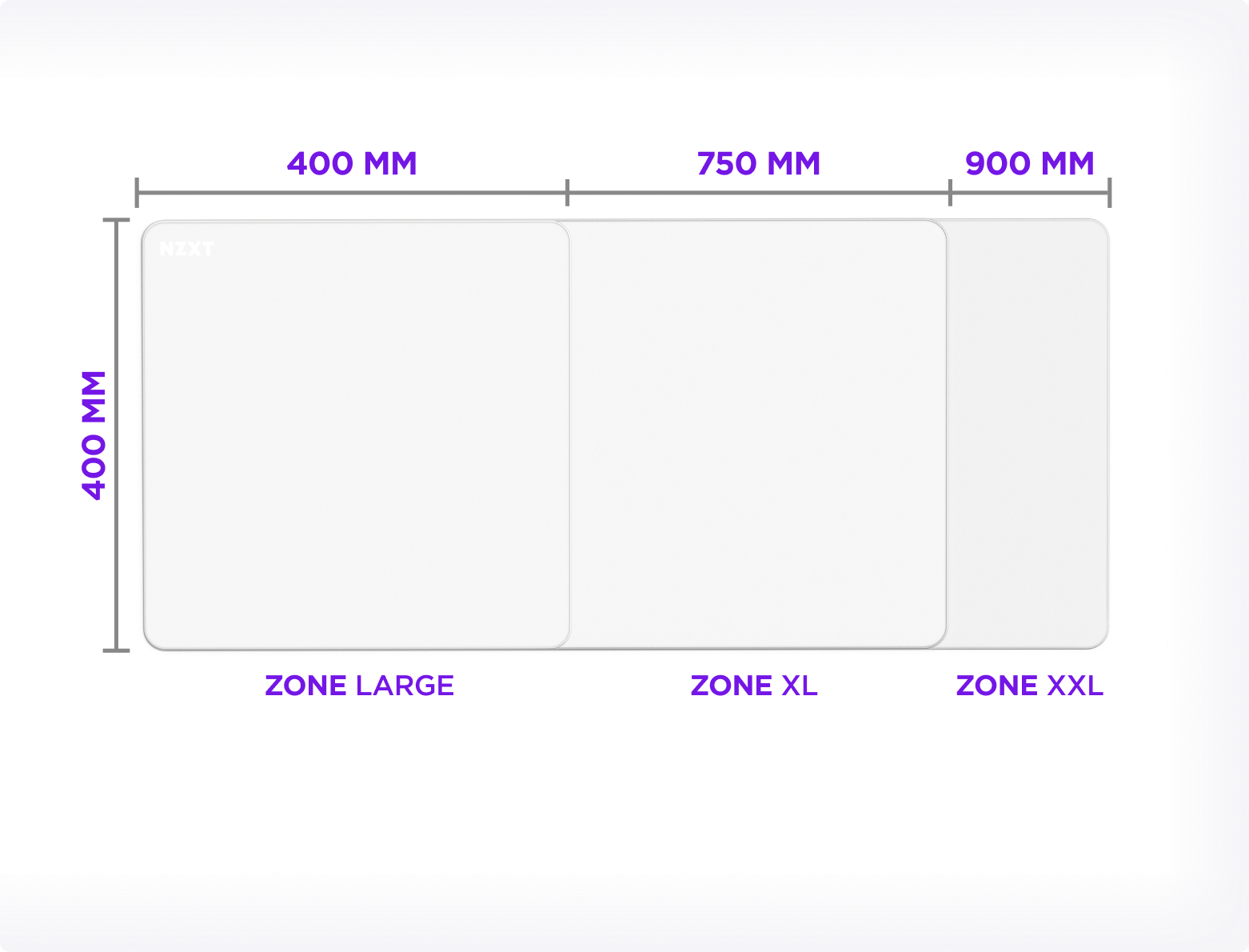 Diagram showing a rectangular surface divided into three labeled zones: Large (400x400 mm), XL (750x400 mm), and XXL (900x400 mm), with corresponding measurements in purple text.