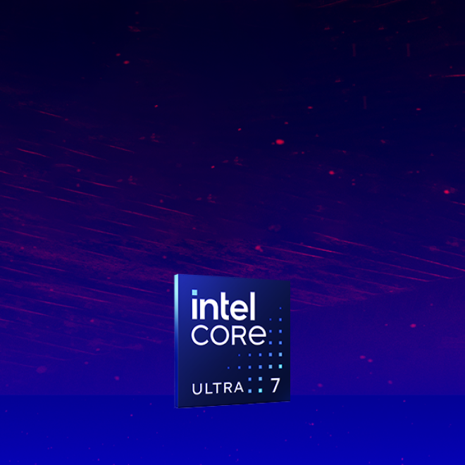 A floating Intel Core Ultra 7 processor chip is centered against a dark purple background with faint red streaks and specks.