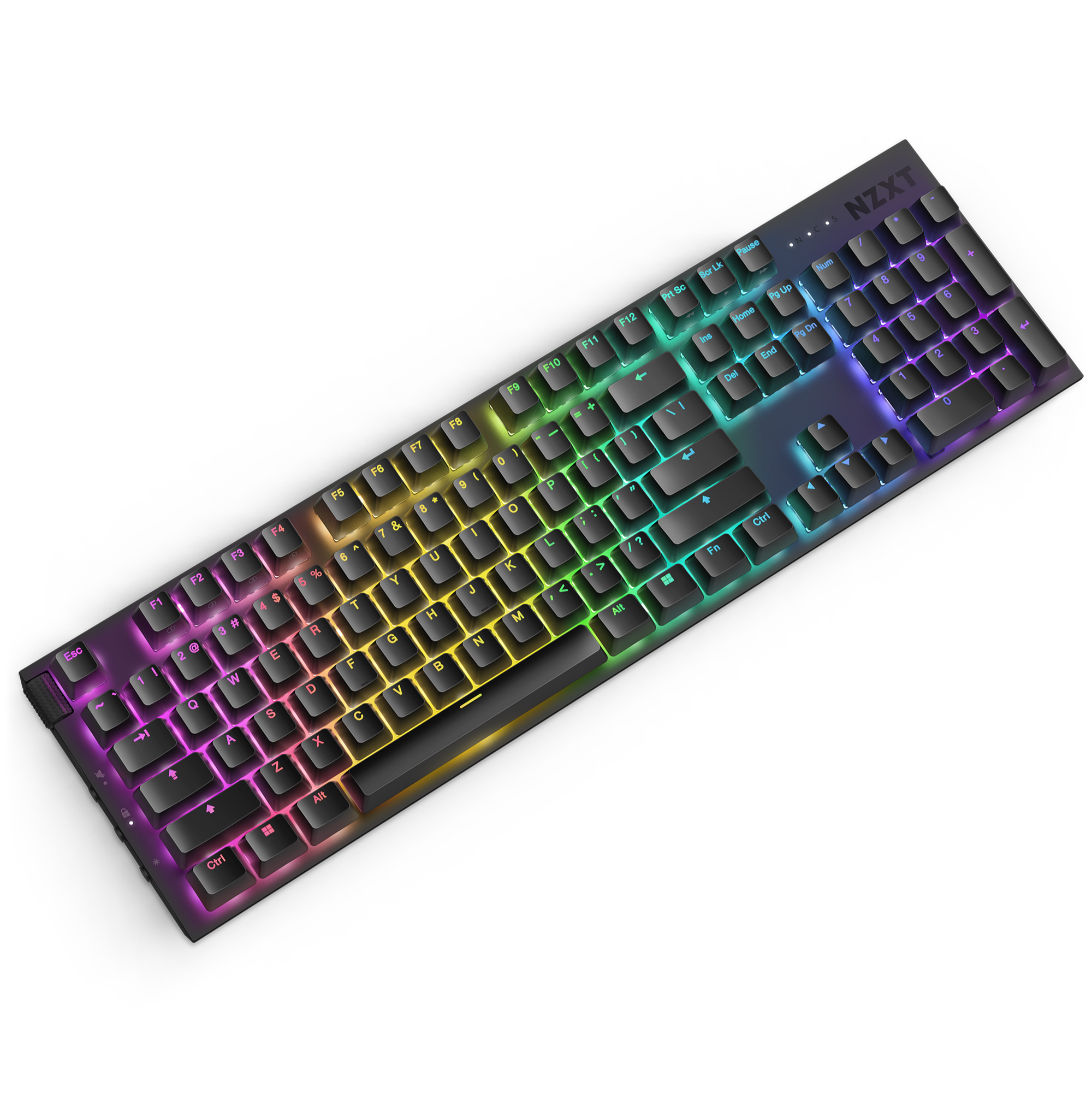 The NZXT Function 2 is a black mechanical keyboard with optical switches, RGB backlighting, a numeric keypad, standard layout, and the NZXT logo in the upper right corner.