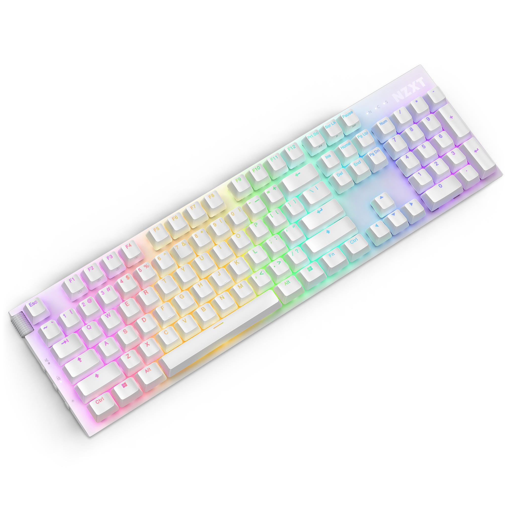 The NZXT Function 2 mechanical keyboard in white features RGB backlighting with a pastel gradient, optical switches, and a standard layout. It has NZXT branding in the top right corner and is shown against a black background.