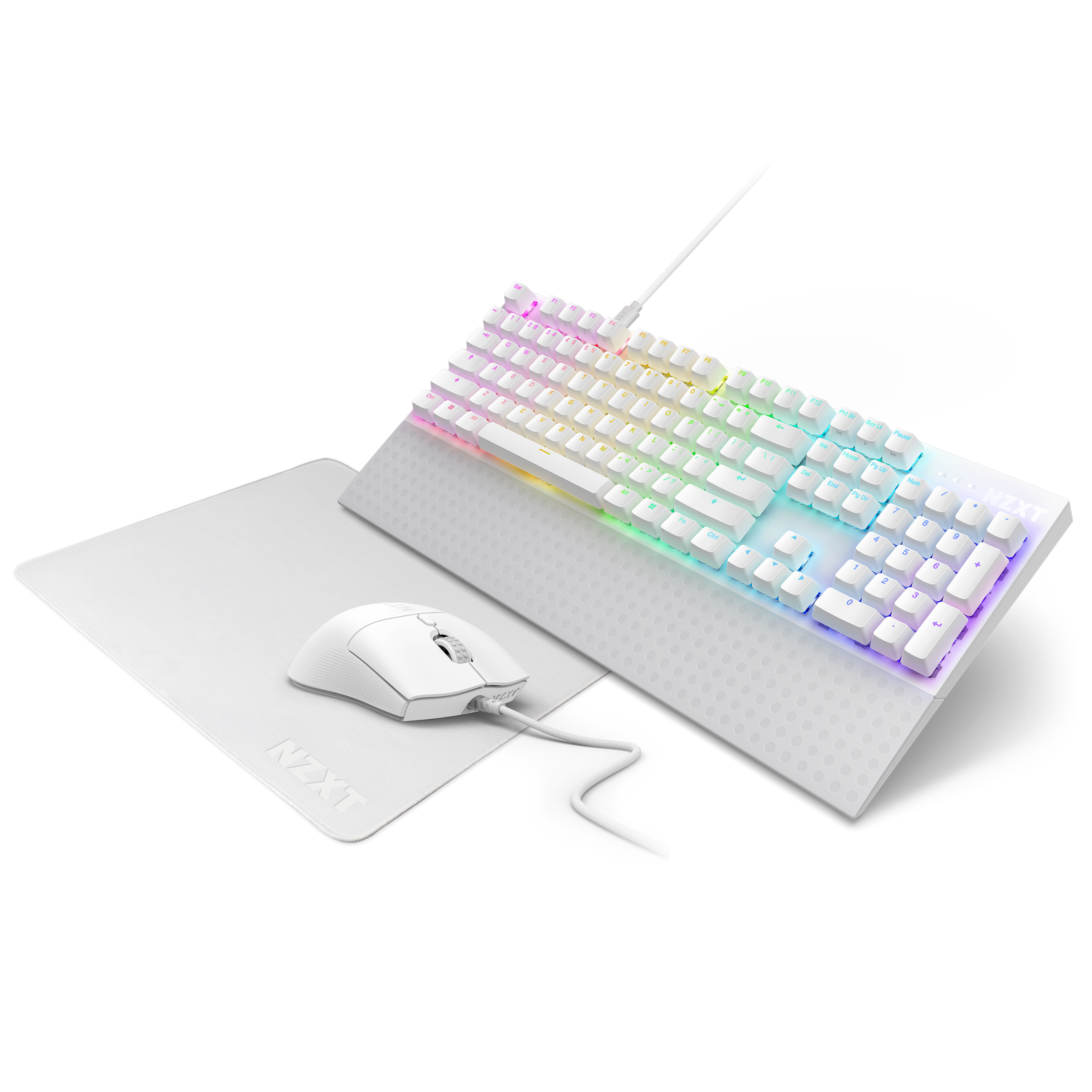The NZXT Function 2 keyboard with optical switches, Lift 2 Symm mouse, and MMP400 desk pad are arranged together on a plain white background.
