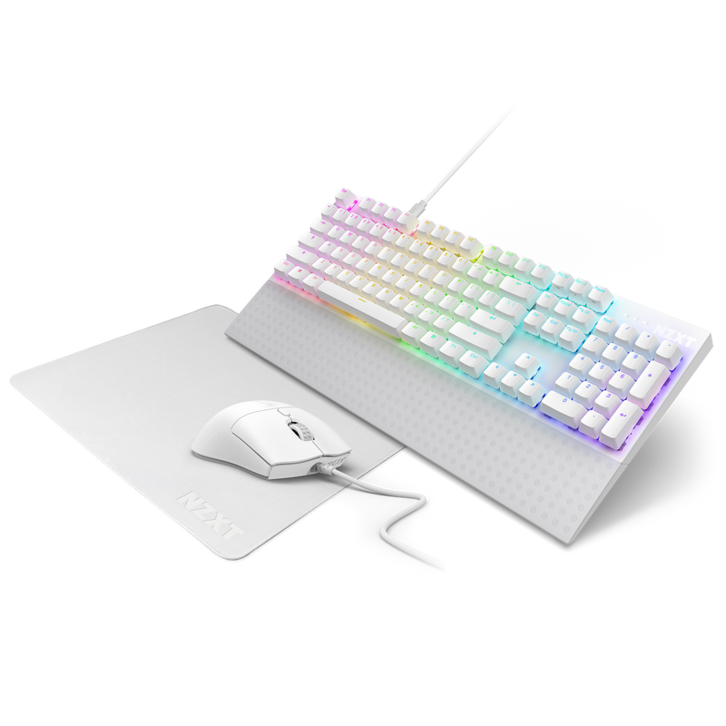 The NZXT Function 2 keyboard with optical switches, Lift 2 Symm mouse, and MMP400 desk pad are arranged together on a plain white background.