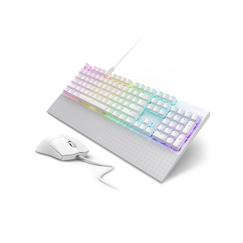 The NZXT Function 2 + Lift 2 Symm, featuring a white RGB keyboard and matching mouse, rest on a white mouse pad set against a black background.