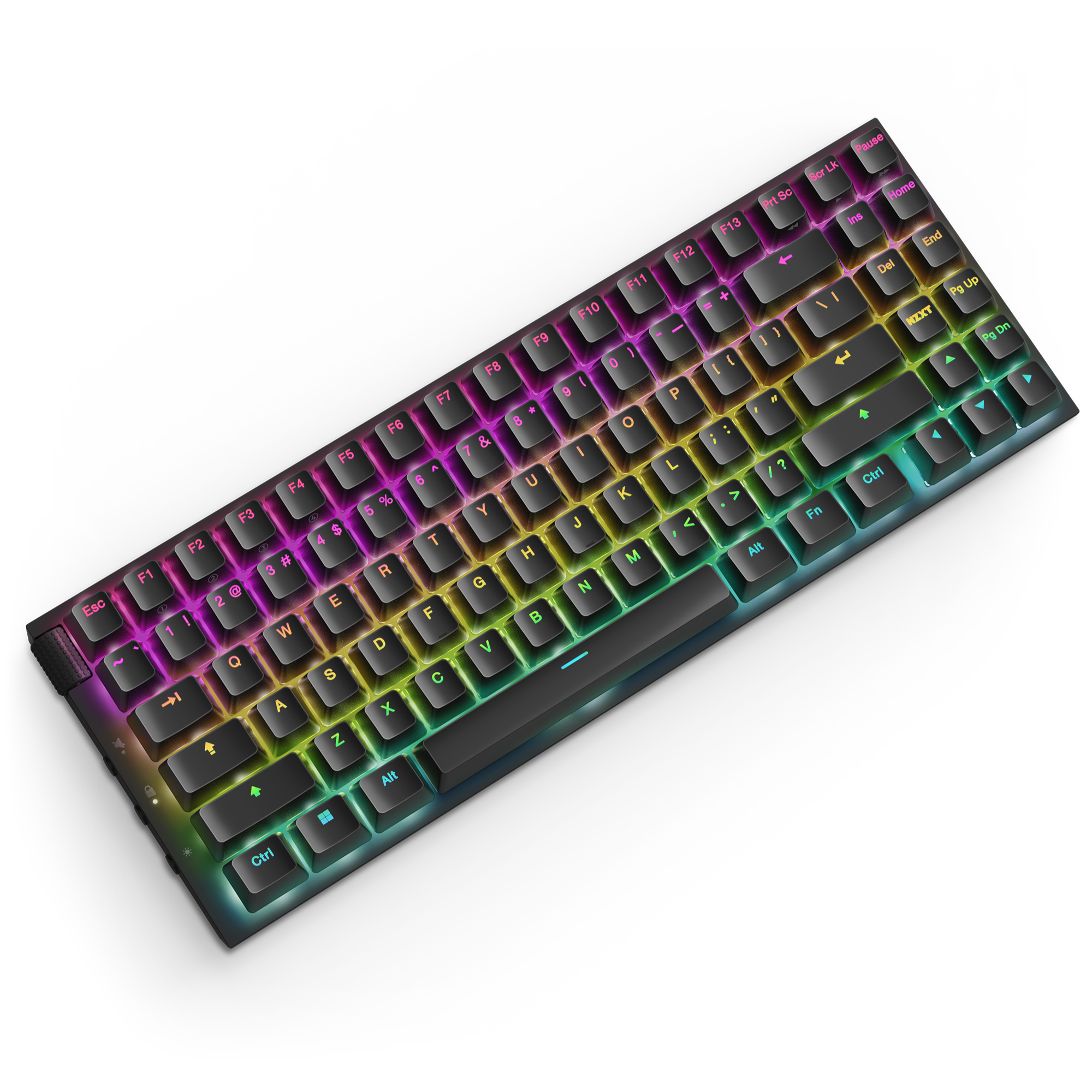 The NZXT Function 2 MiniTKL is a compact mechanical keyboard with RGB backlighting in pink, yellow, green, and blue gradients across the keys and an impressive 8,000 Hz polling rate.