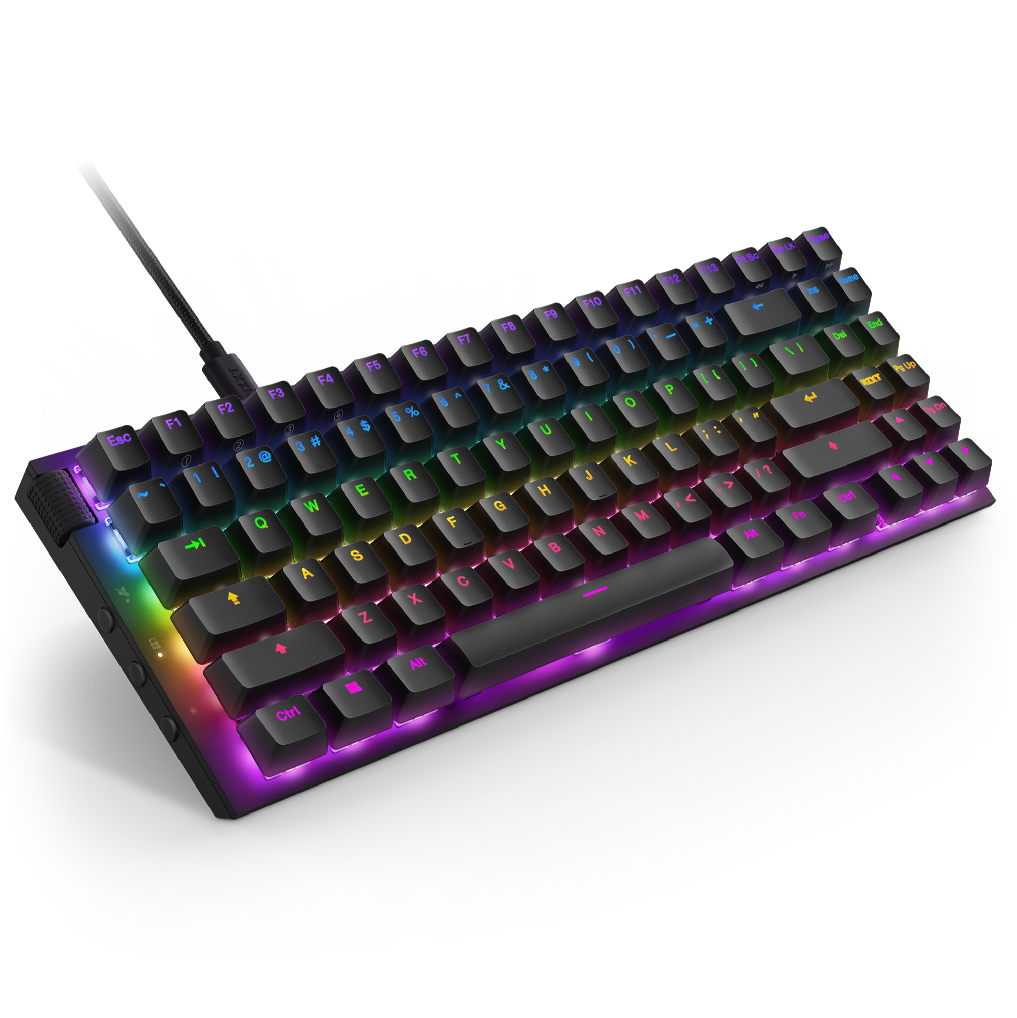 The NZXT Function 2 MiniTKL is a compact mechanical keyboard with rainbow RGB backlighting, a black frame, elevated keys, linear optical switches, wired connectivity, and side-mounted media control buttons.
