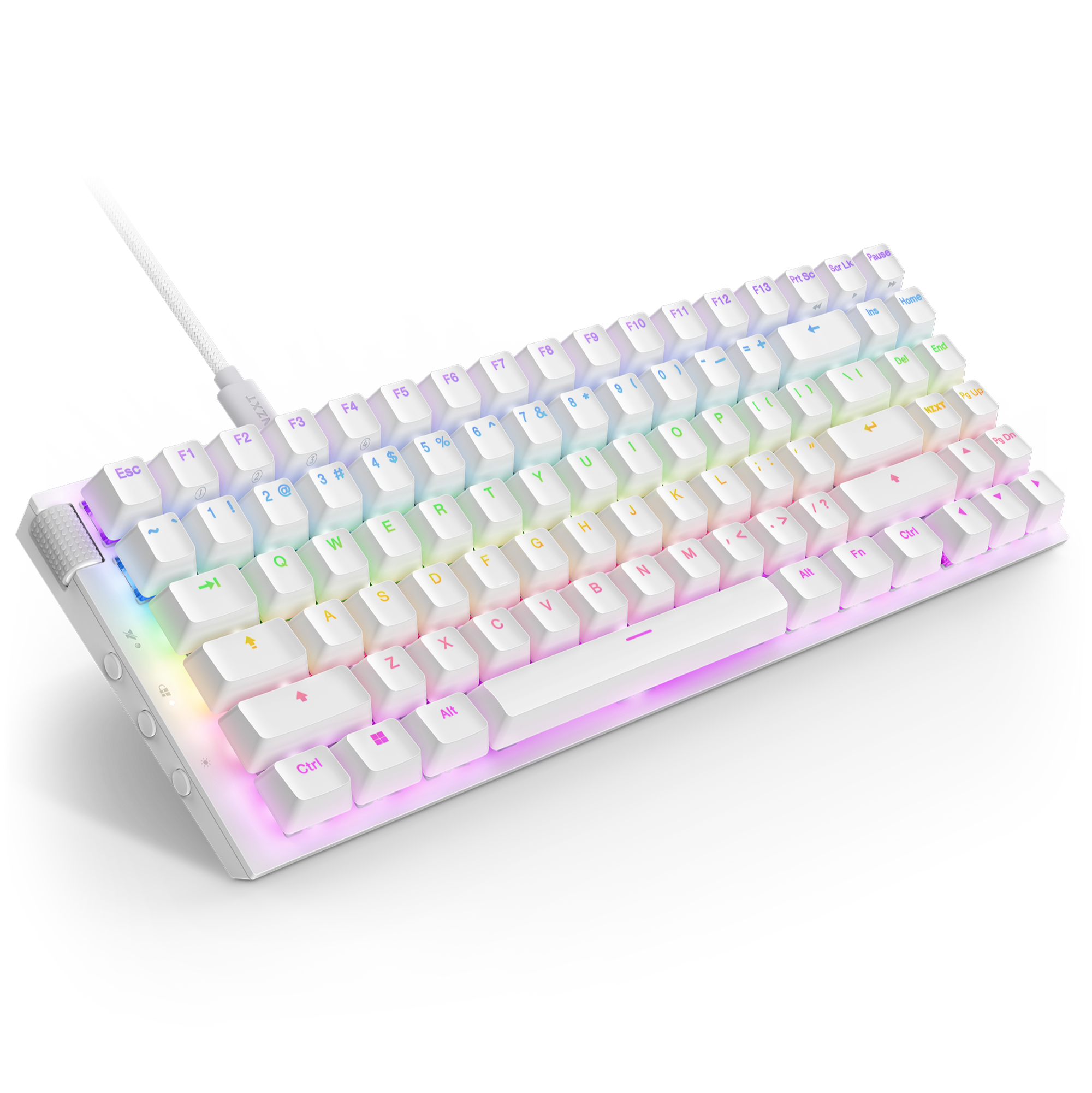 The NZXT Function 2 MiniTKL is a white compact mechanical keyboard with RGB backlit keys, linear optical switches, a volume knob, and a USB cable attached at the upper left corner.