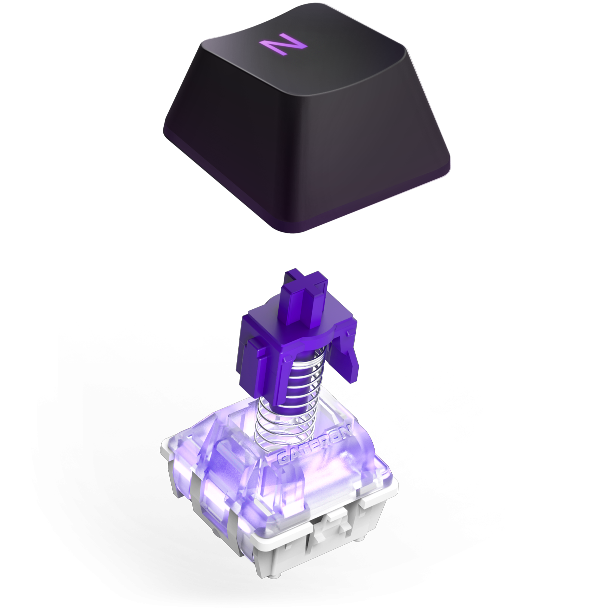 A black keycap with a purple N hovers above a transparent switch housing with a purple stem, spring, and inner parts—ideal for customizing your NZXT Function 2 MiniTKL keyboard with precision and style.