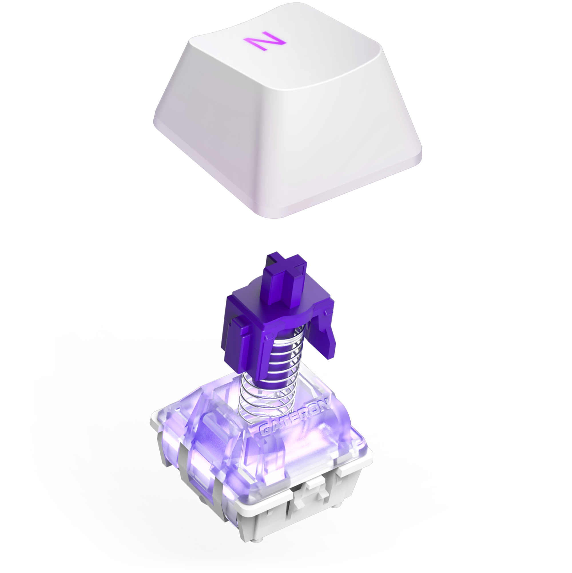 The NZXT Function 2 MiniTKL is shown with a white keycap featuring a purple N, positioned above a purple linear optical switch with a metal spring, all set against a black background.