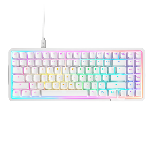 The NZXT Function Elite MiniTKL Keyboard is a white compact mechanical keyboard featuring NZXT Magnetic Switches, vibrant RGB backlighting under the keys and edges, and a matching white cable—perfect for elevated gameplay.
