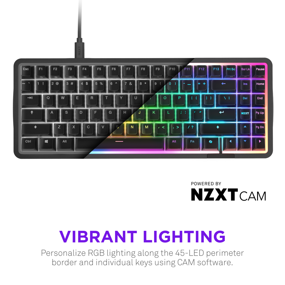 The NZXT Function Elite MiniTKL + Lift Elite Wireless is displayed split diagonally: the left side unlit, and the right side glowing with colorful RGB backlighting and an LED border. Below, text reads Vibrant Lighting.
