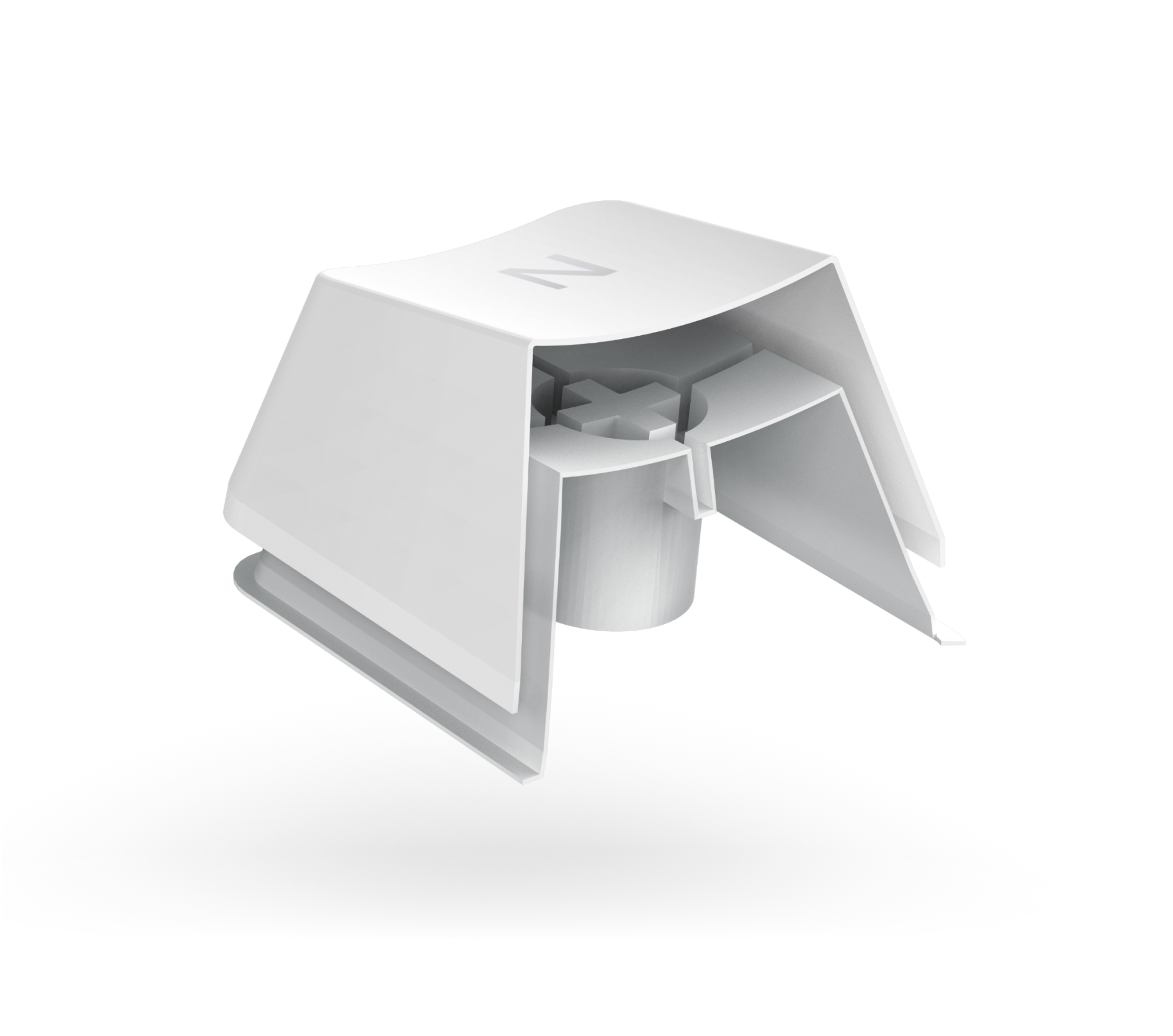 A single white keyboard keycap with the letter N on top, shown detached and at an angle to display its underside and mounting mechanism.