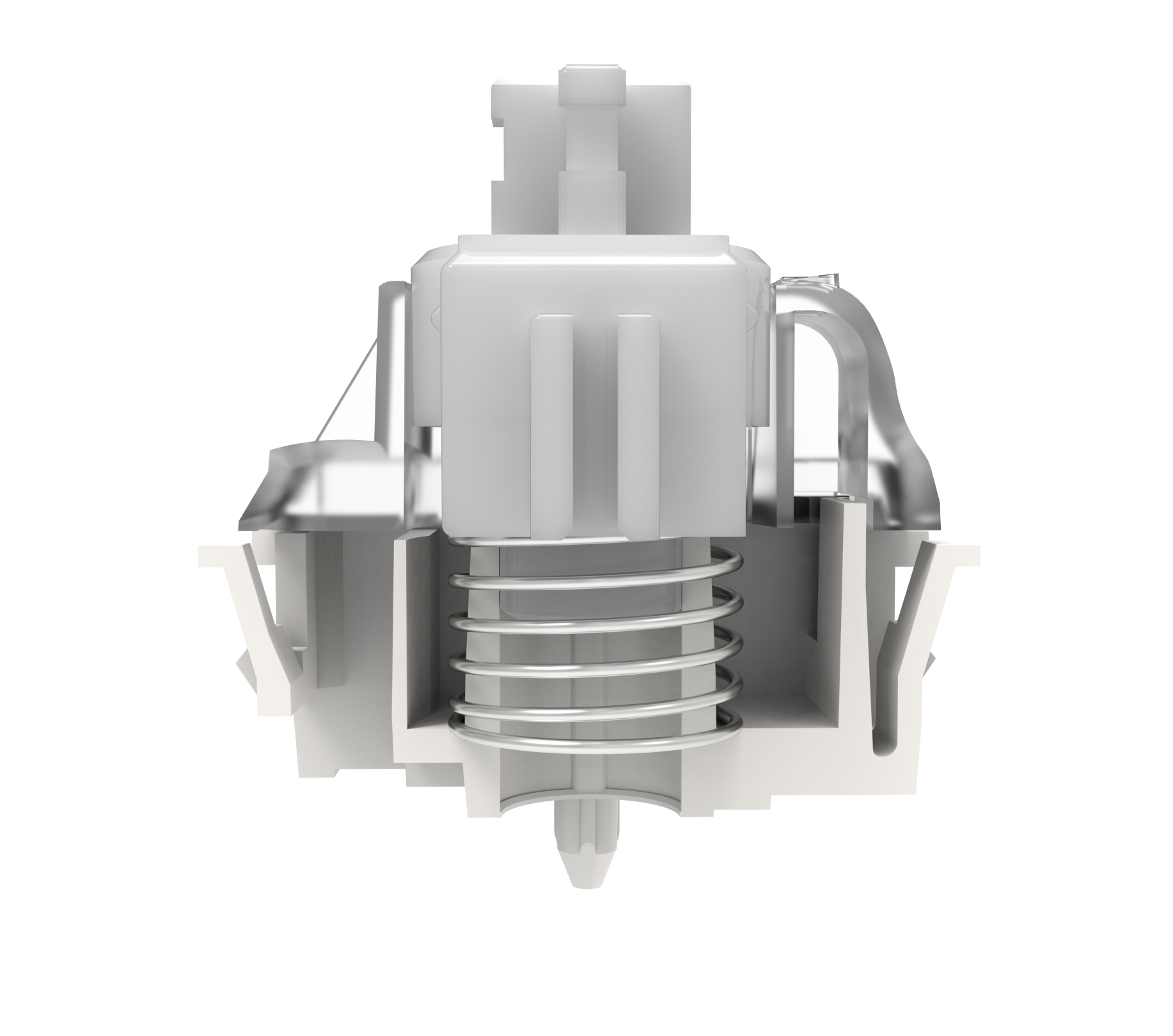 A close-up view of a mechanical keyboard switch, showing the internal components including the spring and housing, on a plain white background.
