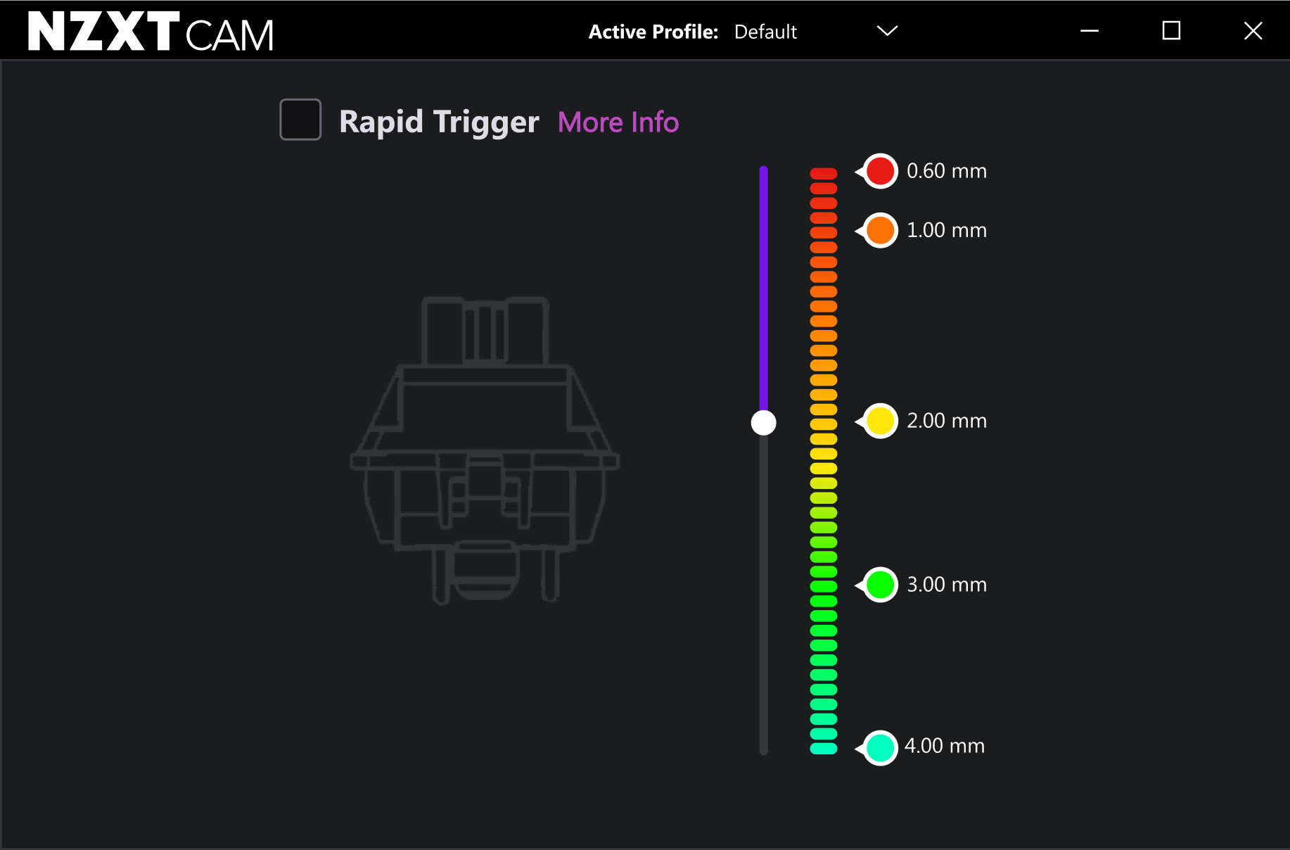 Screenshot of the NZXT CAM software showing a “Rapid Trigger” setting with a vertical slider ranging from 0.60 mm (red) to 4.00 mm (green), and a diagram of a keyboard switch in the background.