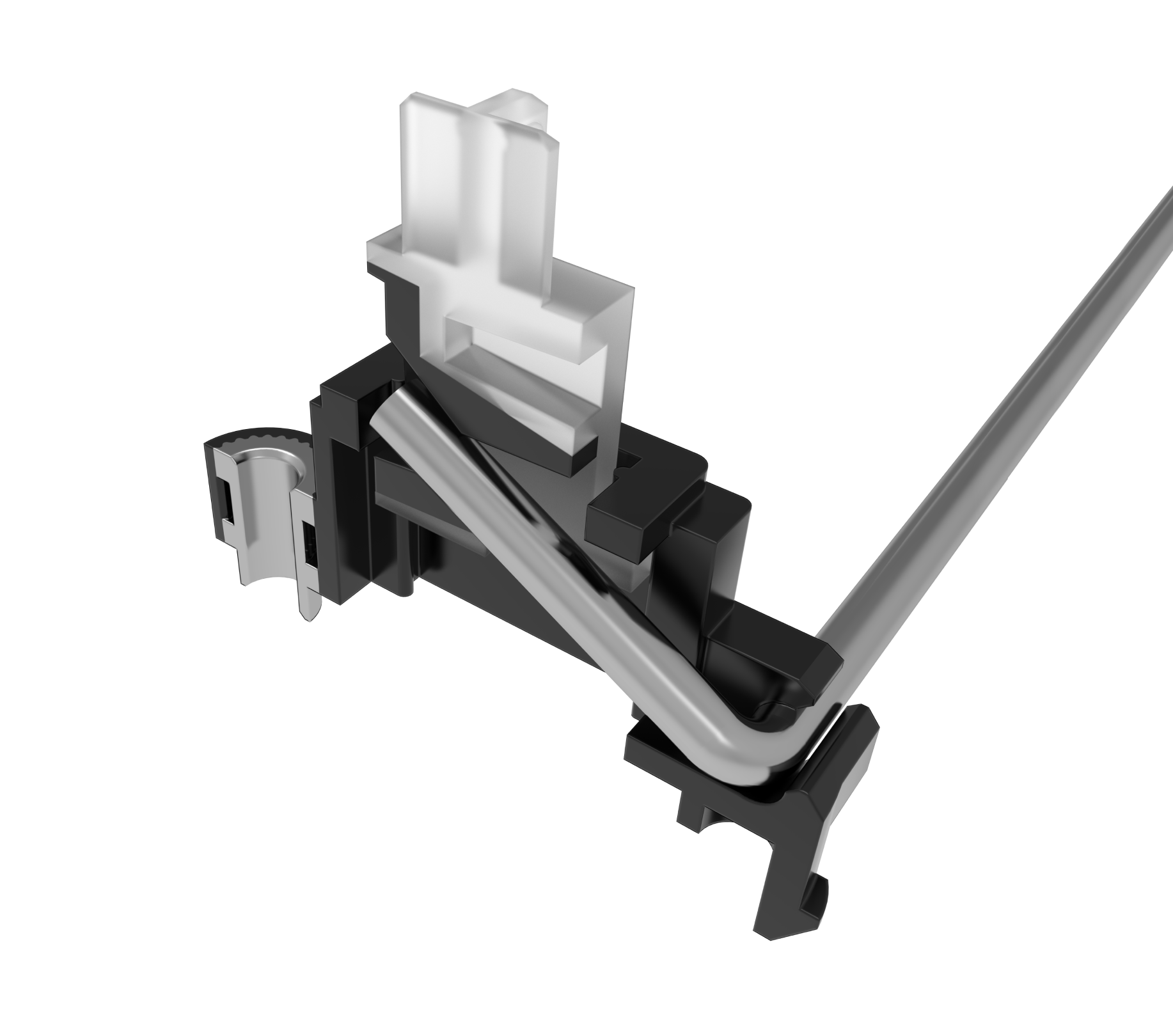 3D rendering of a black and white mechanical part with interlocking components and a curved metallic rod, viewed on a black background.