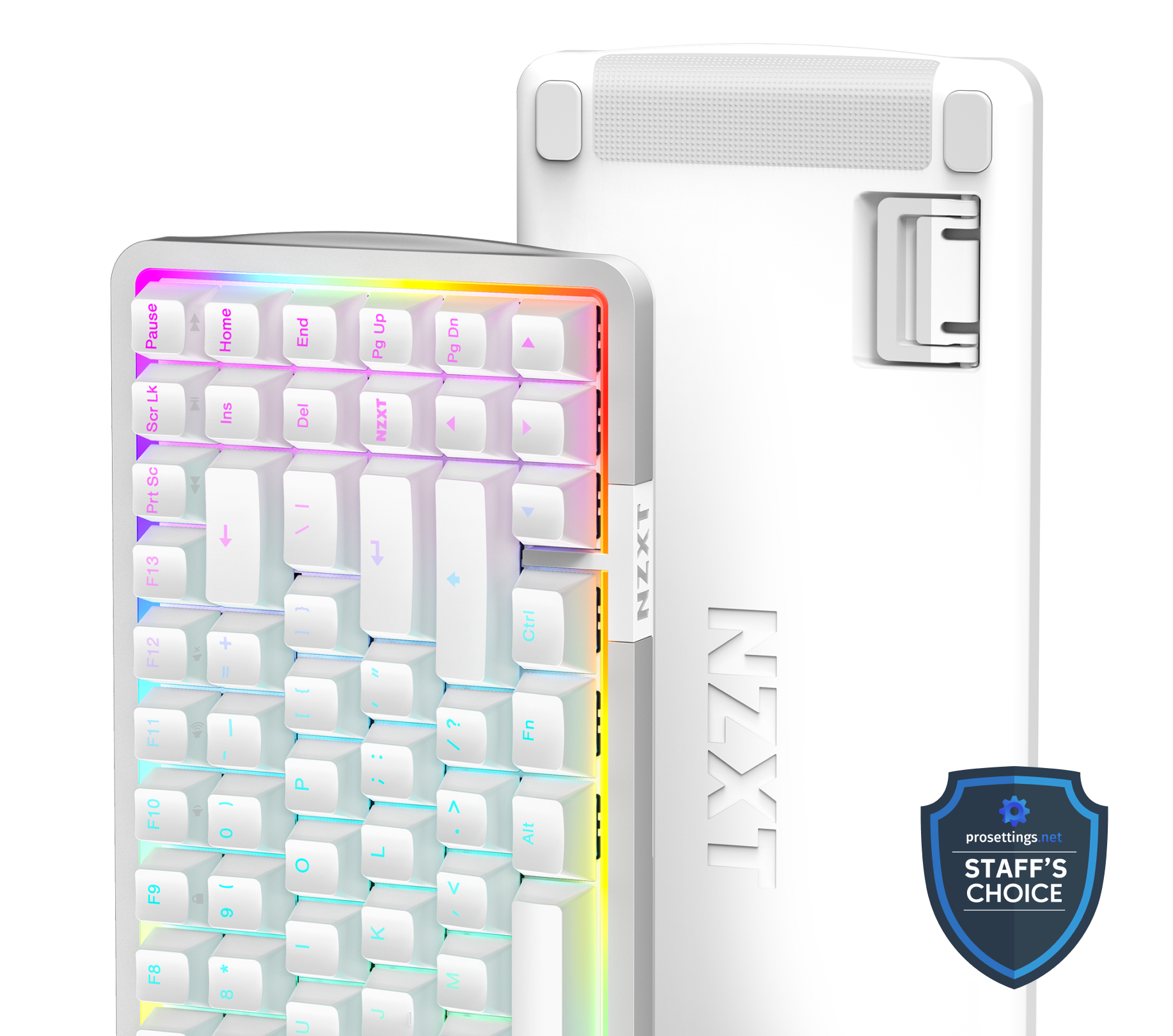 A compact white mechanical keyboard with RGB backlighting is shown upright next to its underside, displaying the NZXT logo. A Staffs Choice badge is in the lower right corner.