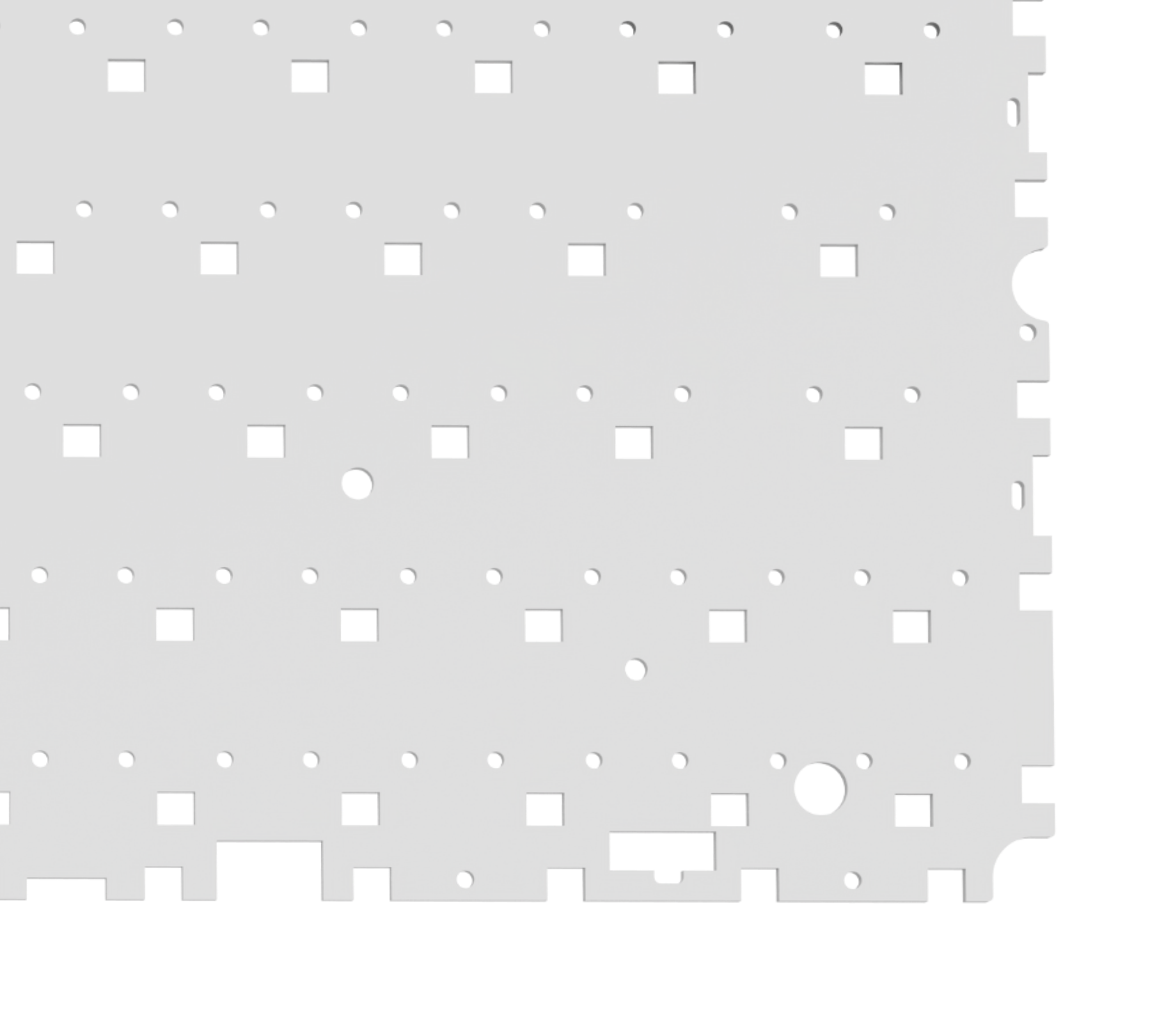 A flat, light gray perforated sheet with a grid of square and occasional round holes. Some edges are irregular, appearing notched or cut, and the background is white.