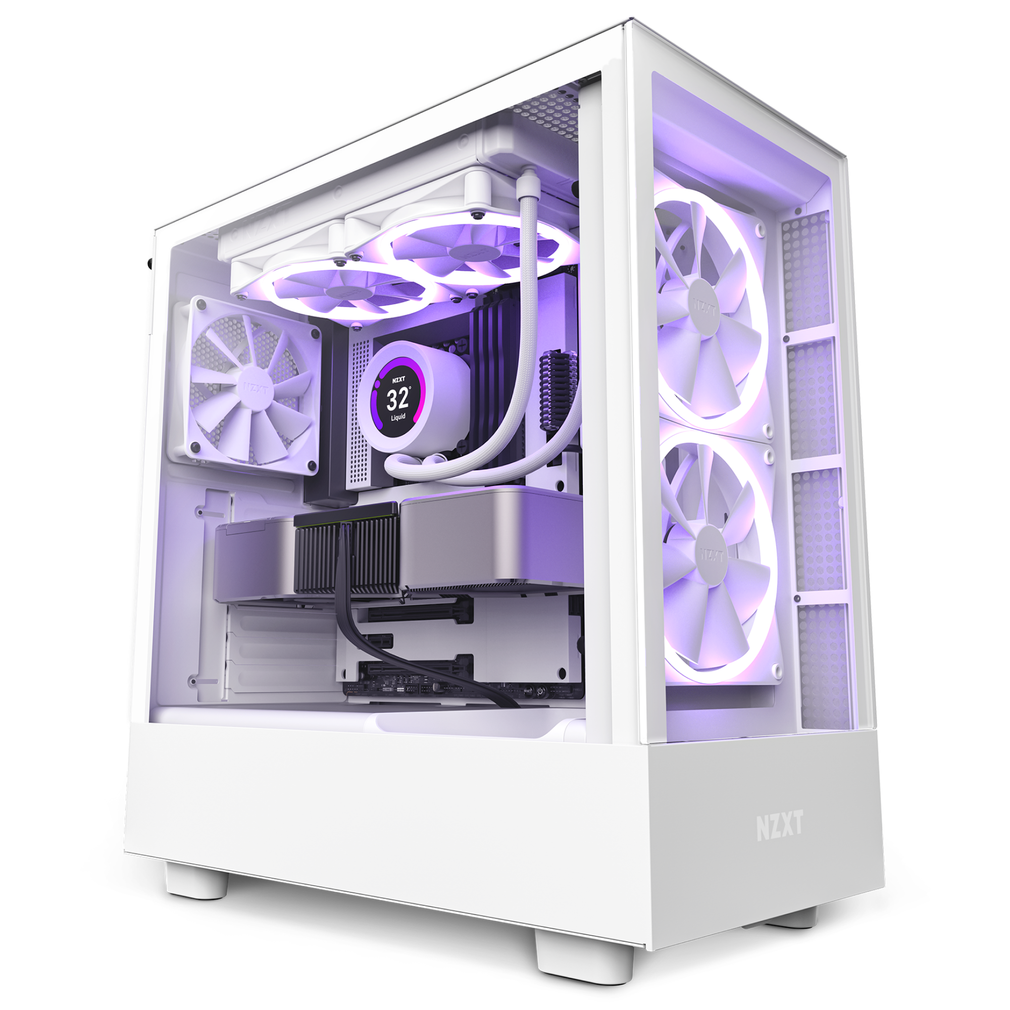 The NZXT H5 Elite (2023) is a white desktop gaming PC case featuring a tempered glass side panel, visible internal components, three front fans, one rear fan, and purple LED lighting to highlight its interior.