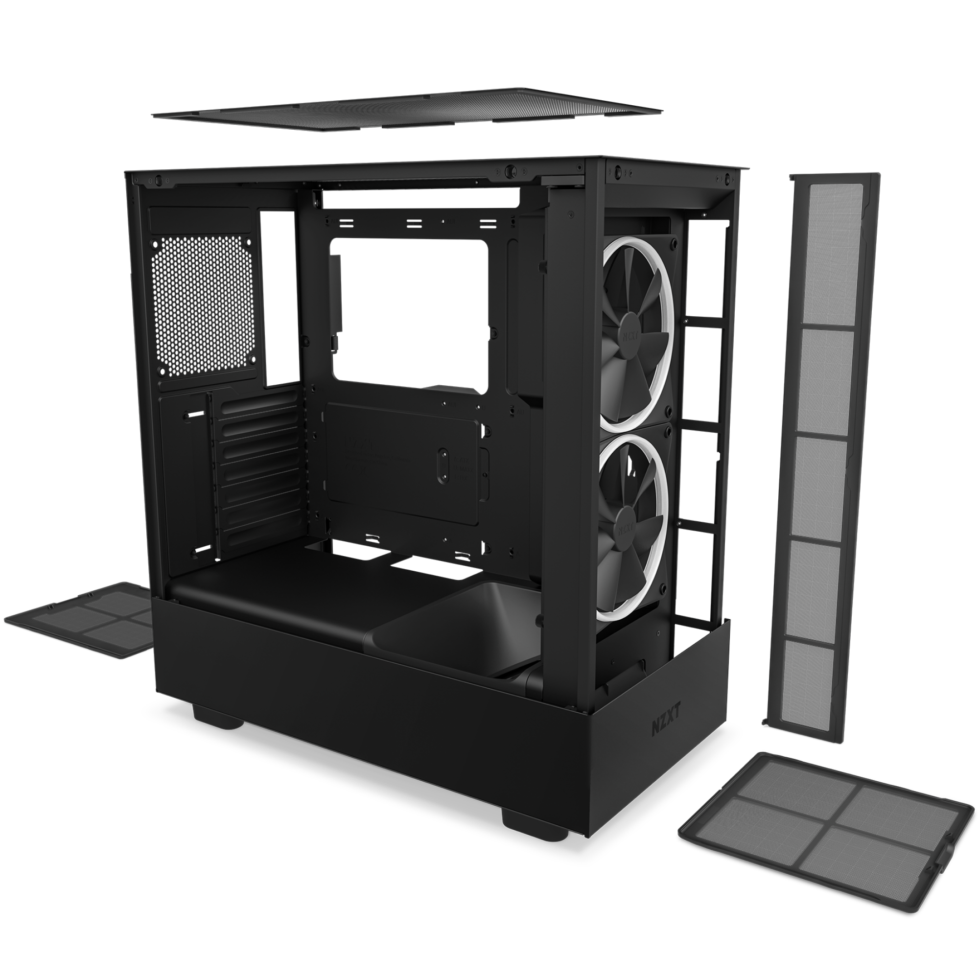A NZXT H5 Elite (2023) black computer case with its side panel removed displays two large white fans inside and several detachable dust filters placed around the chassis.