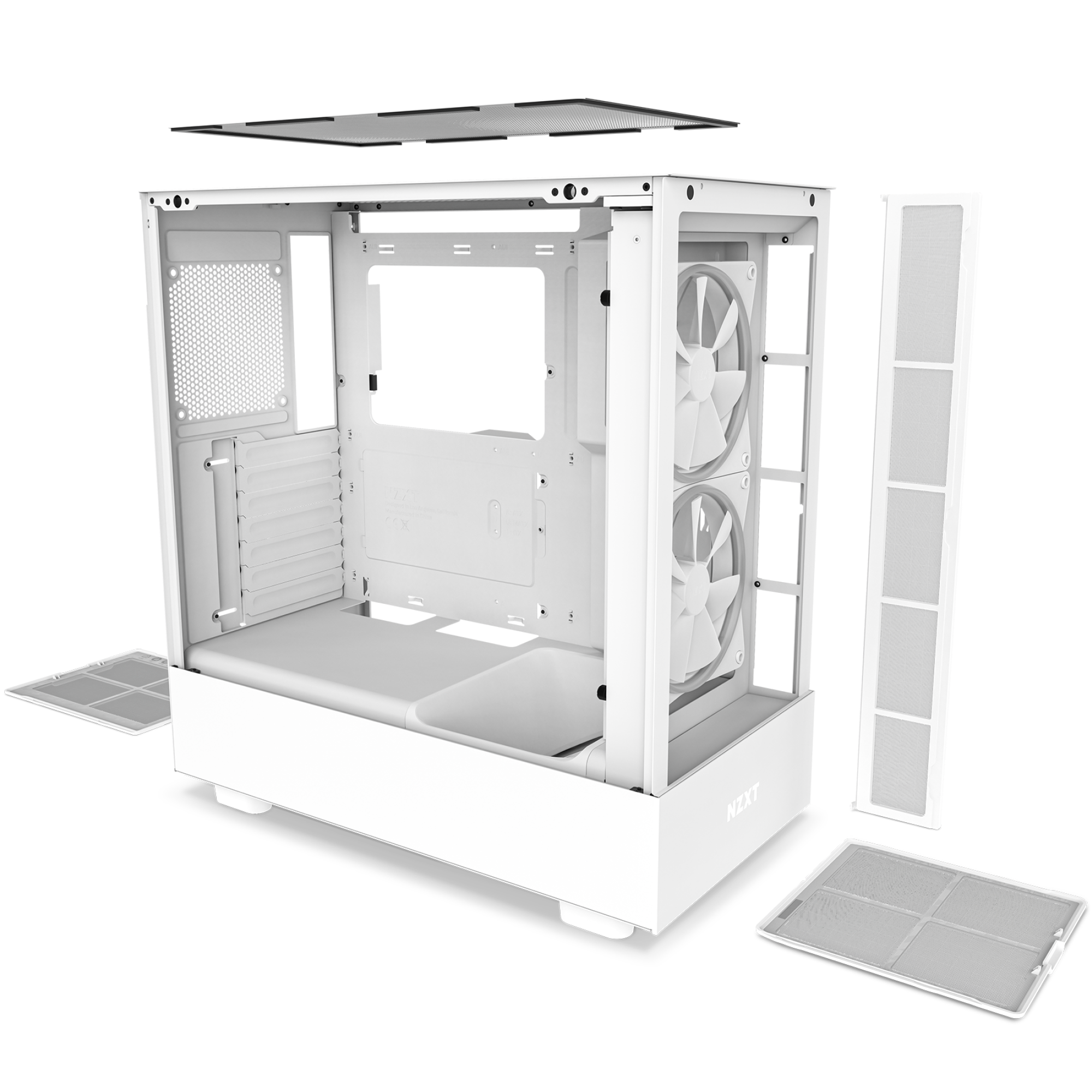 A white NZXT H5 Elite (2023) PC case is shown with side, top, and front panels removed, displaying its interior space, two front fans, dust filters, and components arranged around the chassis.