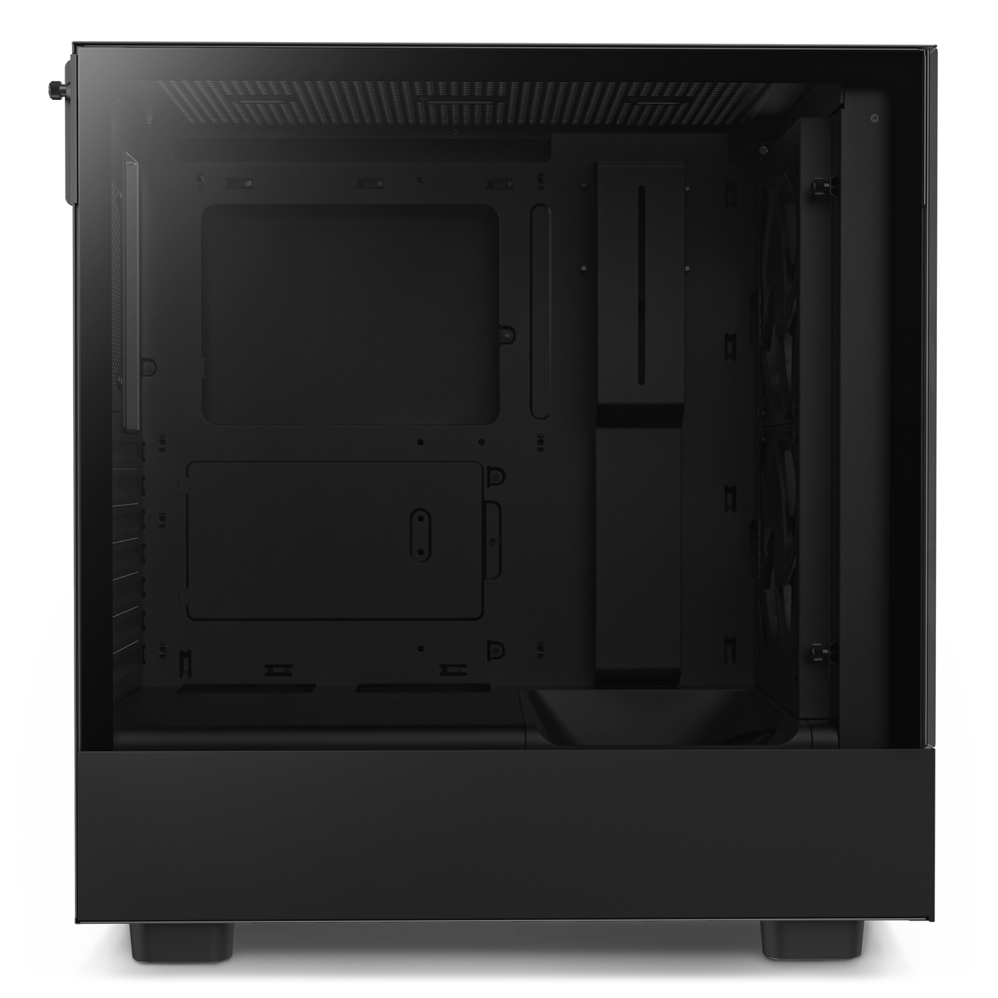 The NZXT H5 Elite (2023) is a black computer case with a tempered glass side panel, showcasing internal mounting areas for components, cable management features, and slots for cooling fans.