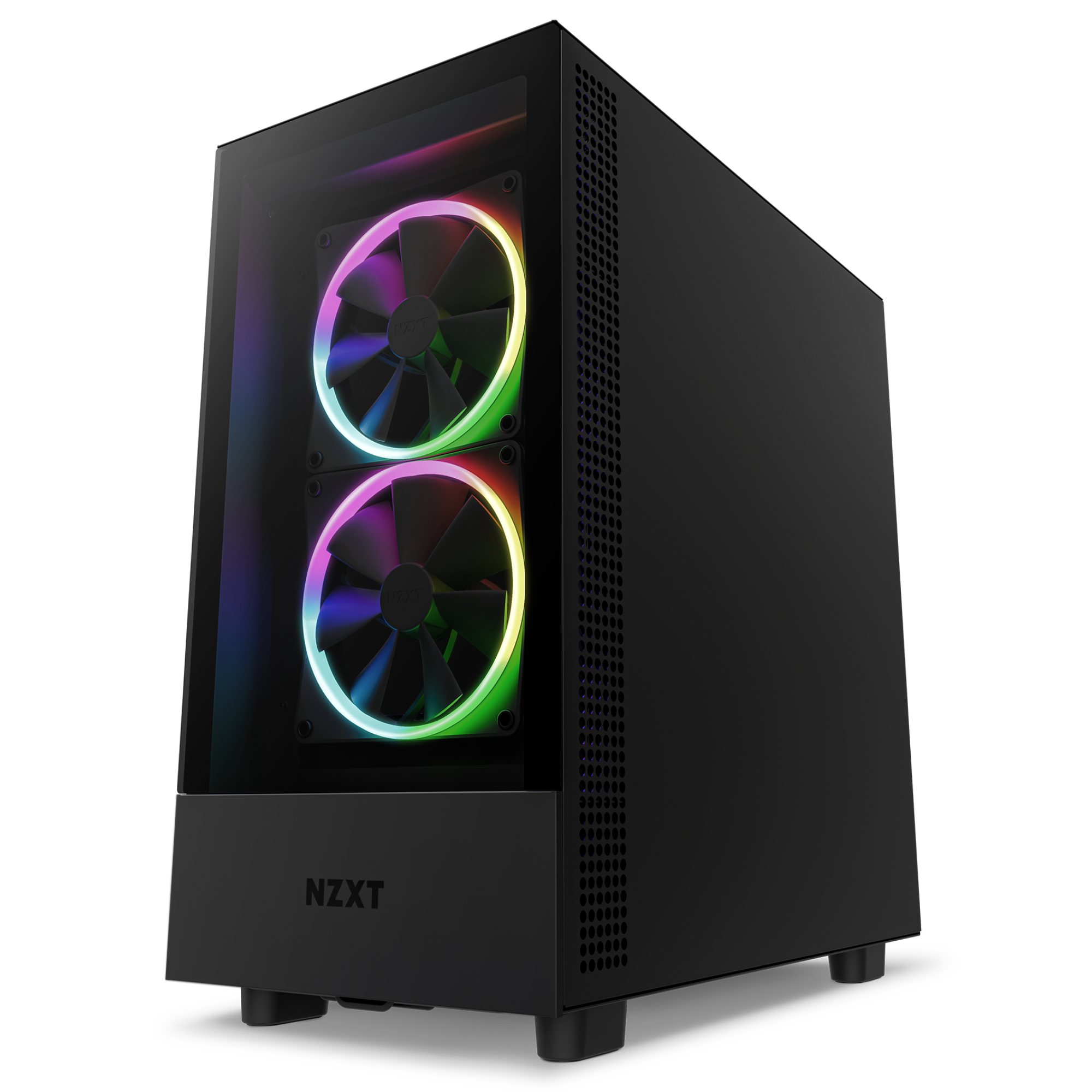 A black NZXT H5 Elite (2023) computer case with tempered glass and two RGB-lit front cooling fans is displayed at a slight angle against a black background.