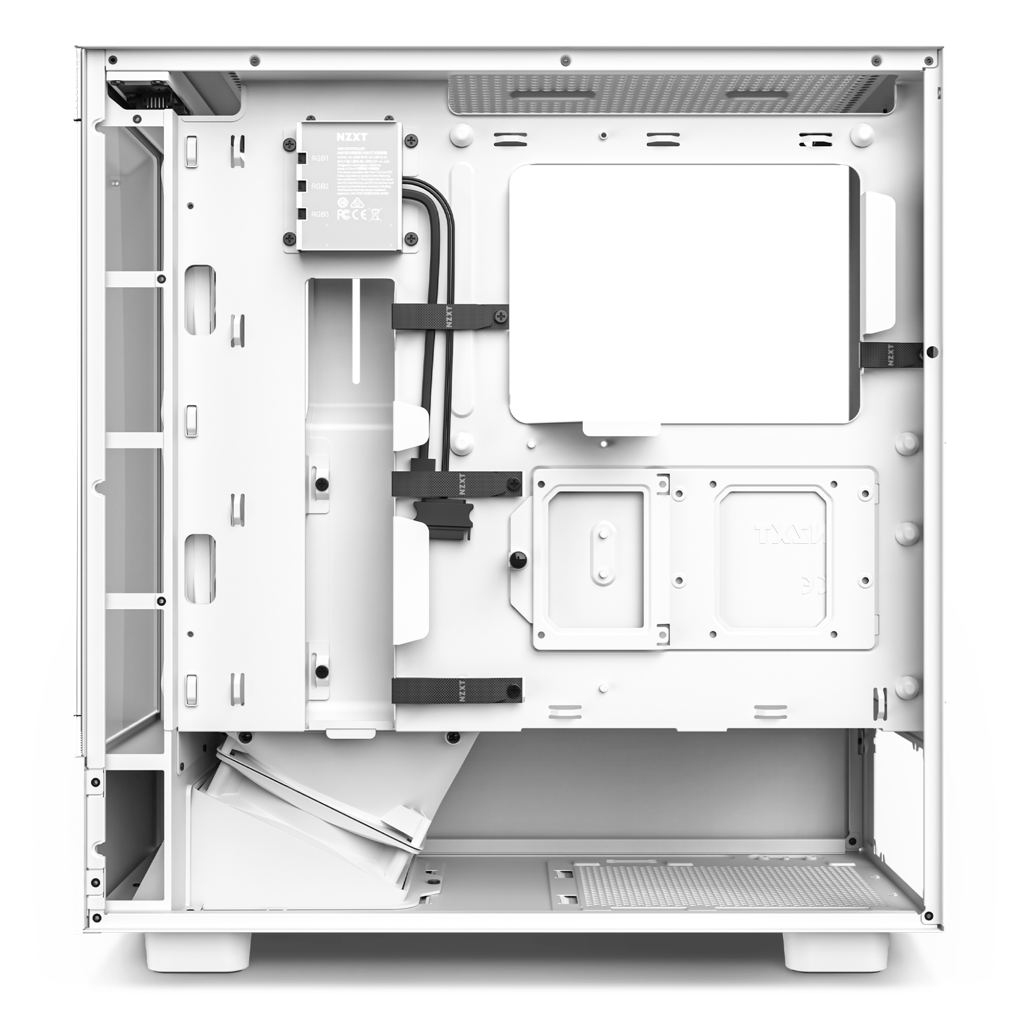 The NZXT H5 Elite (2023) is a white PC case with an open side panel, spacious interior, cable management straps, power supply shroud, a top-left mounted controller, and support for tempered glass and RGB features.