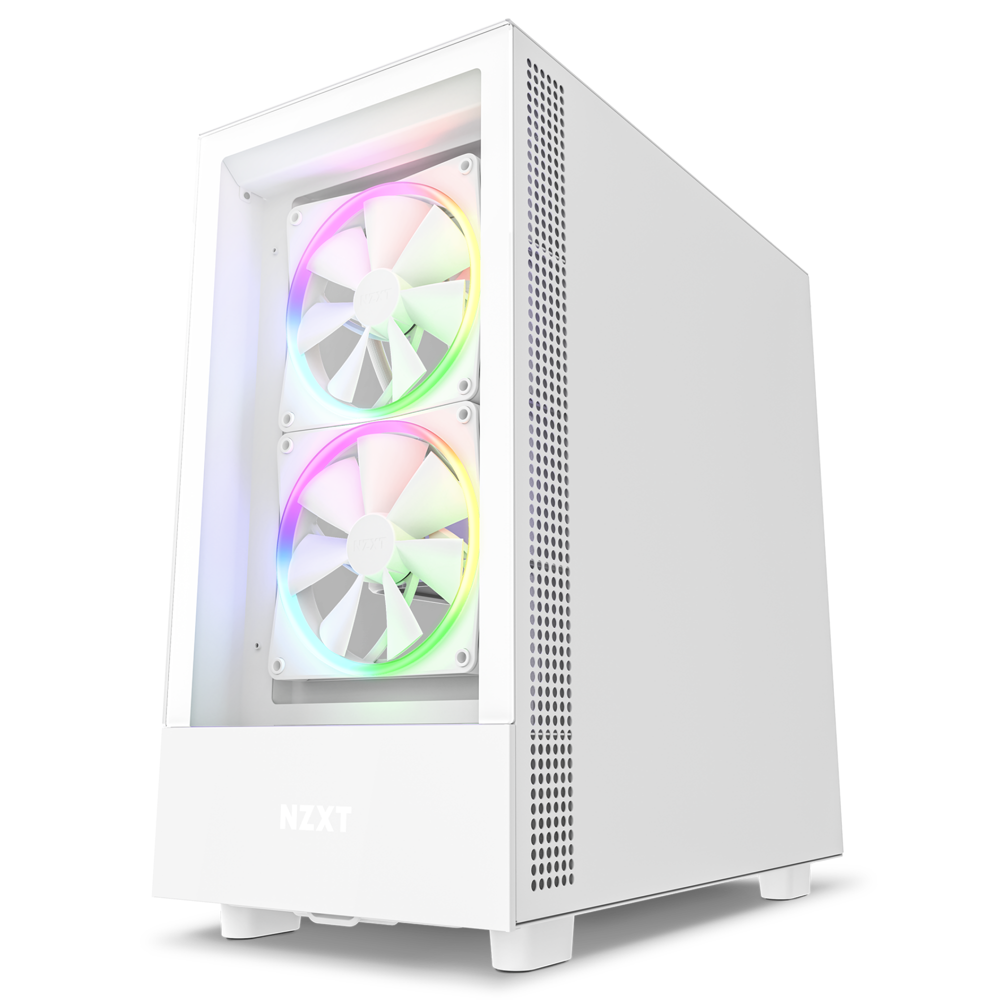 The NZXT H5 Elite (2023) computer case, in white, features two front RGB fans displayed through a tempered glass panel, highlighting vibrant multicolored lights. The case is angled on a plain background.