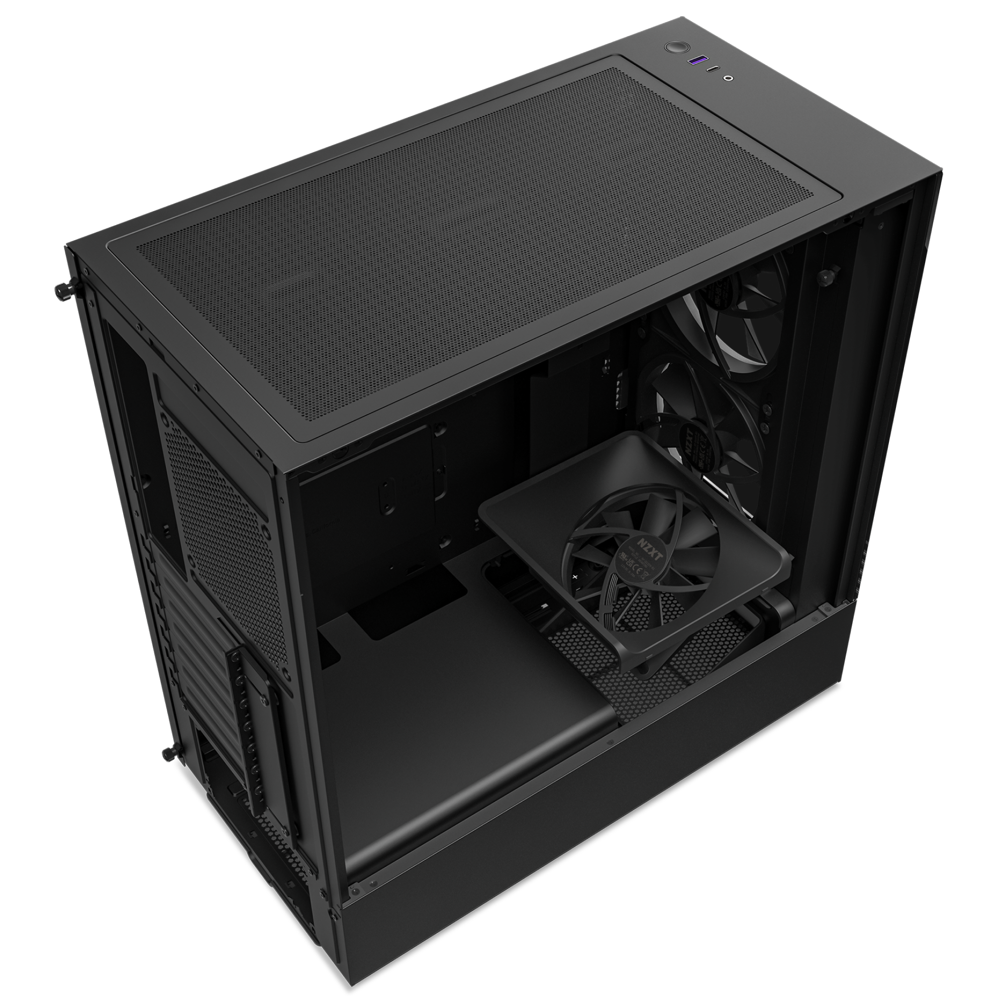 An angled top view shows the NZXT H5 Elite (2023) PC case in black with its side panel removed, revealing two visible fans, mesh ventilation panels, and front I/O ports for USB and audio. The interior layout is clearly displayed.