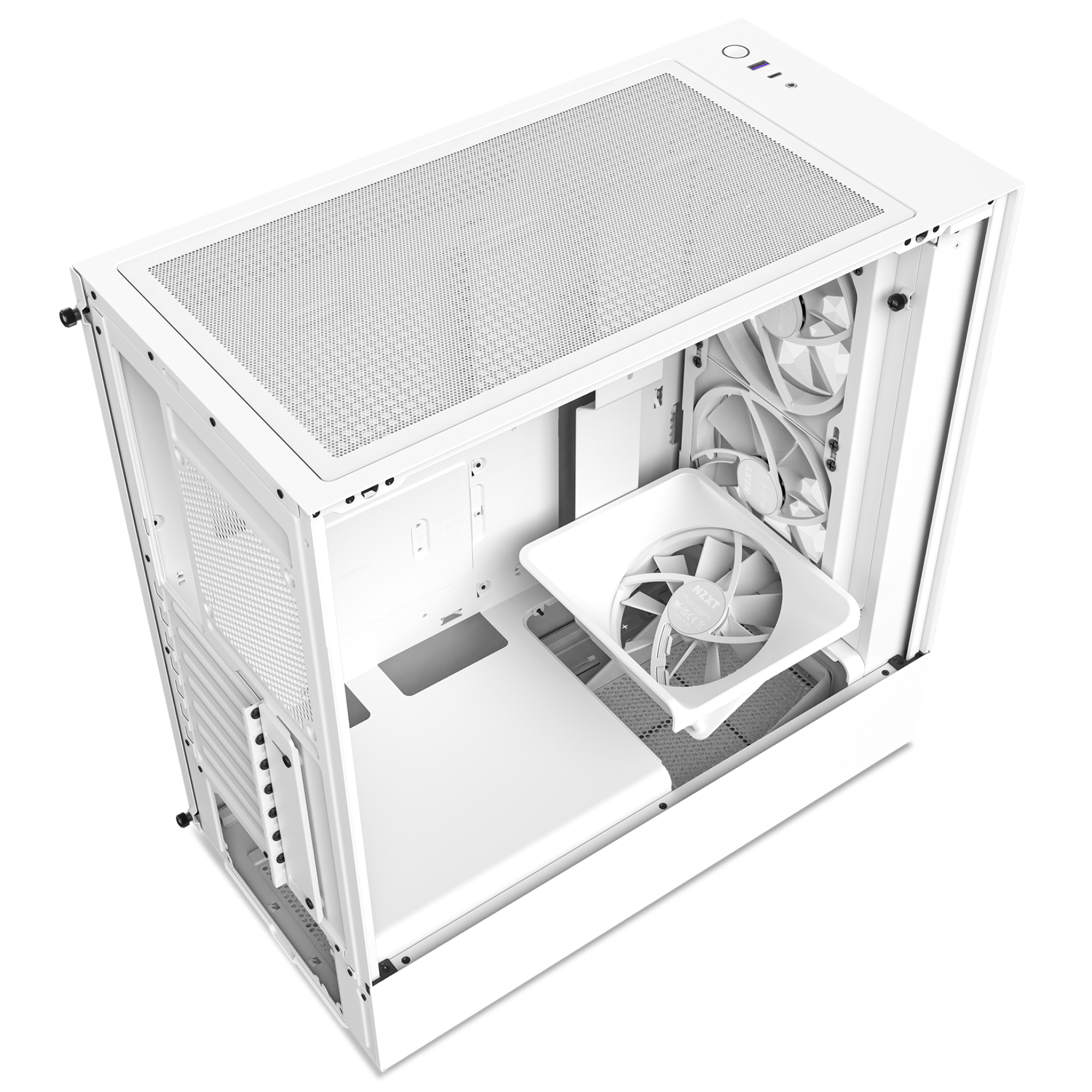 The NZXT H5 Elite (2023) is a white computer case with a mesh top panel, cooling fans, an open interior for easy hardware installation, and tempered glass for a sleek, modern appearance.