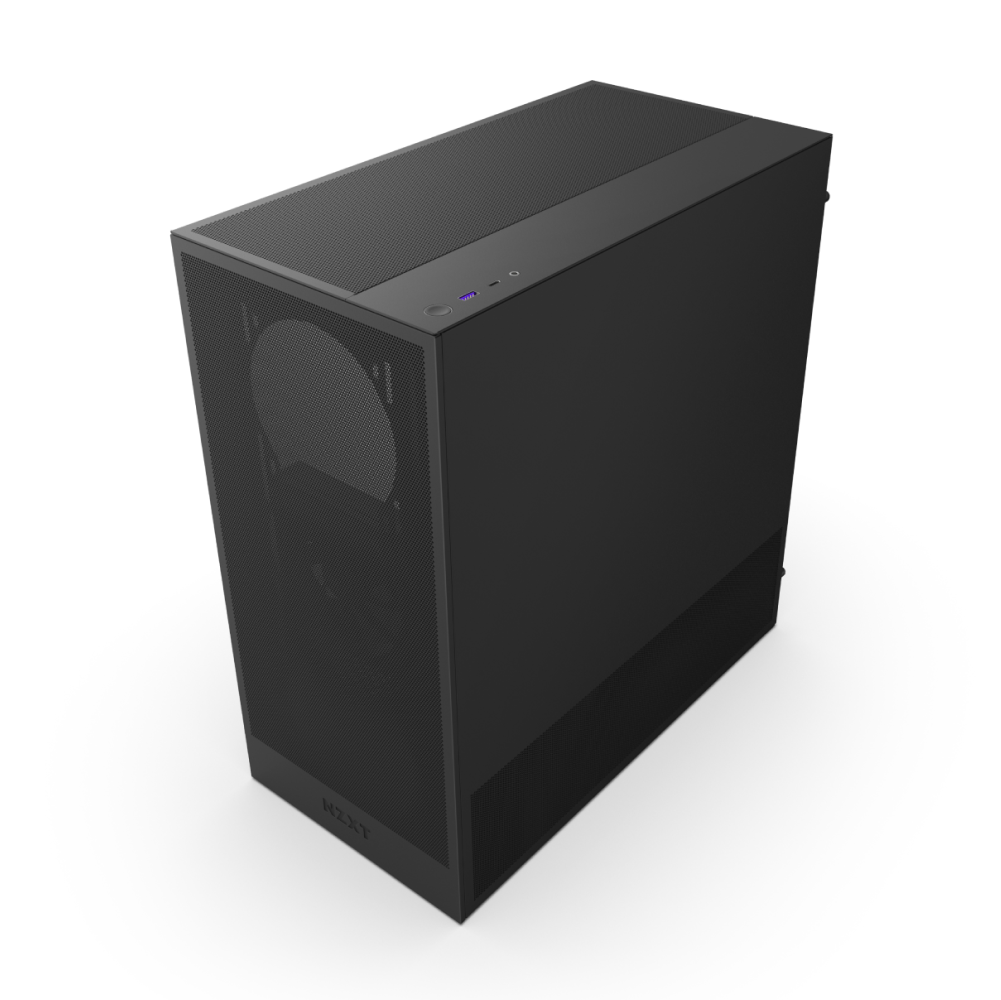 The NZXT H5 Flow is a black mid-tower case with a mesh front panel, top ventilation for airflow, minimalist design, and features a power button plus two ports on the upper front edge.