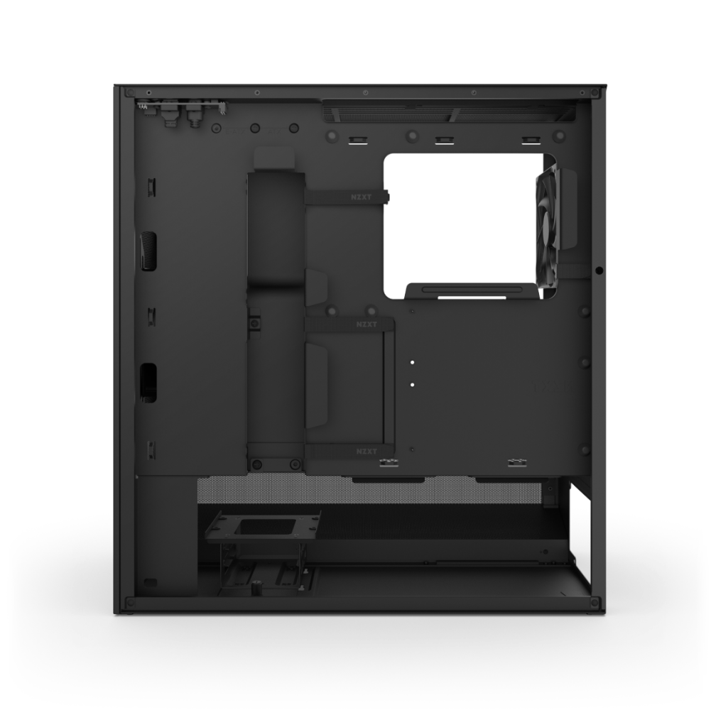 The NZXT H5 Flow is a black mid-tower PC case with an open interior, visible motherboard tray, airflow-focused cable management, fan mounts, and drive bays—ideal for custom computer builds.