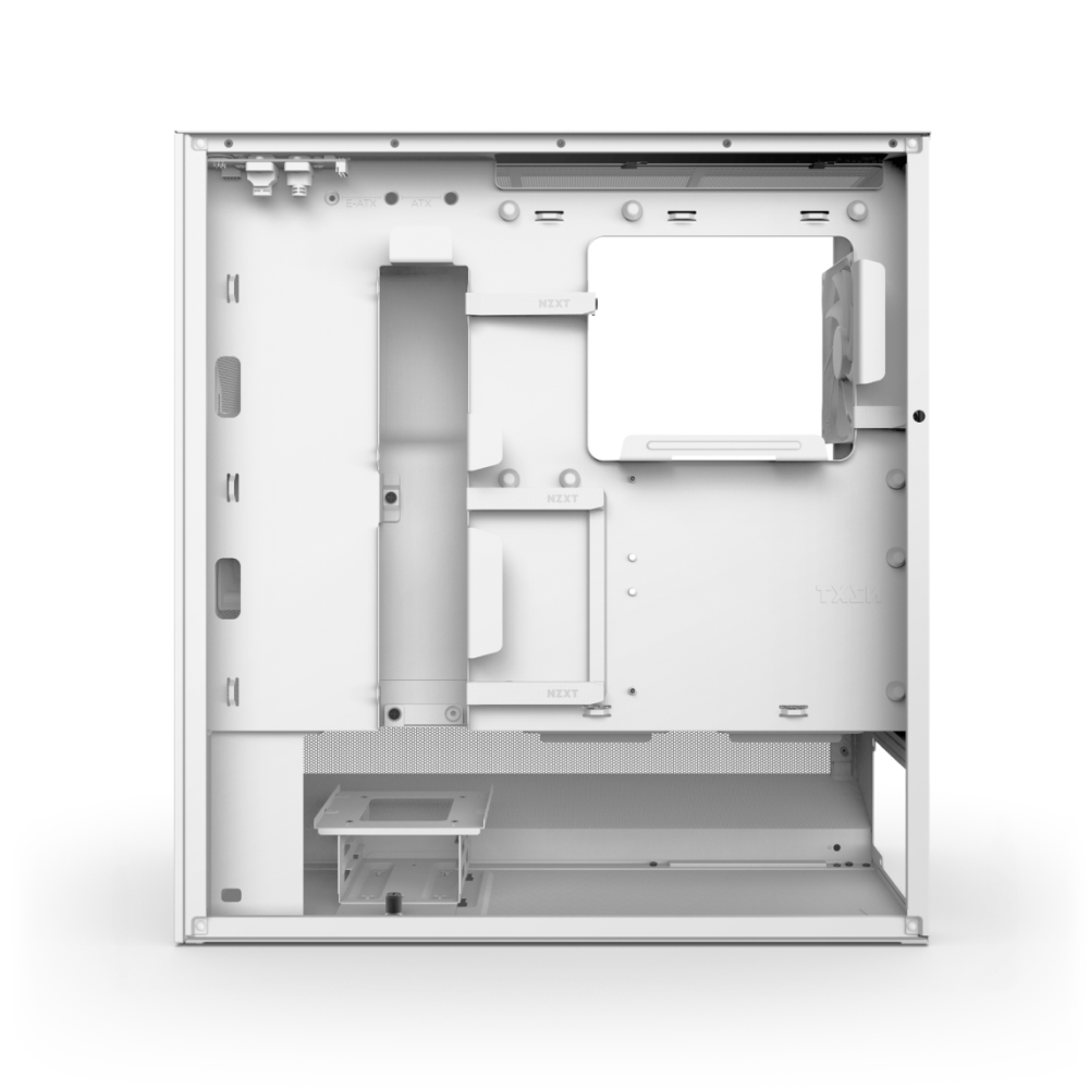 Side view of an empty NZXT H5 Flow white mid-tower PC case, featuring open slots and compartments for components, designed for optimal airflow and efficient GPU cooling, set against a plain white background.