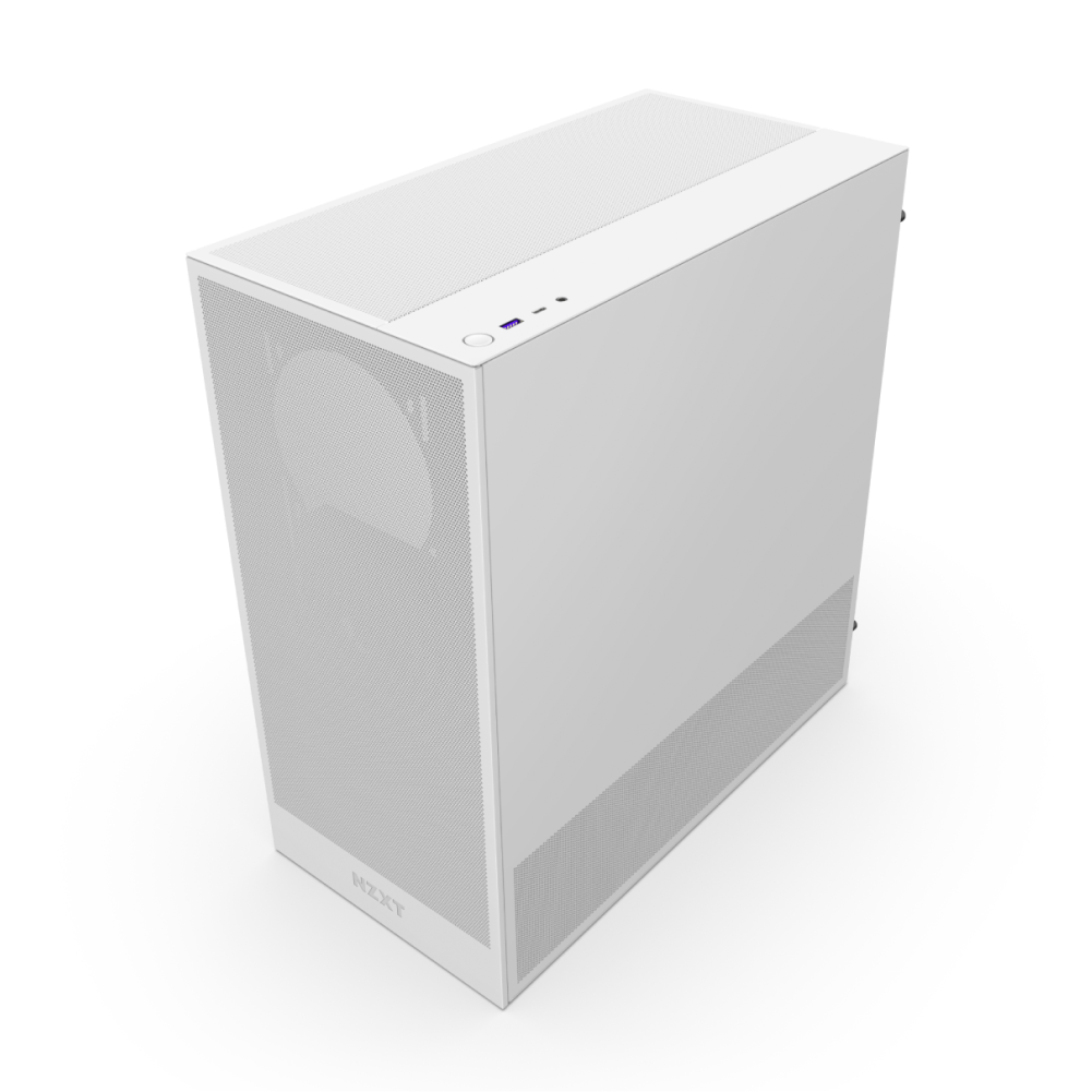 The NZXT H5 Flow is a sleek white mid-tower PC case featuring a mesh front panel for better airflow, minimalist design, and top-mounted power button and ports.