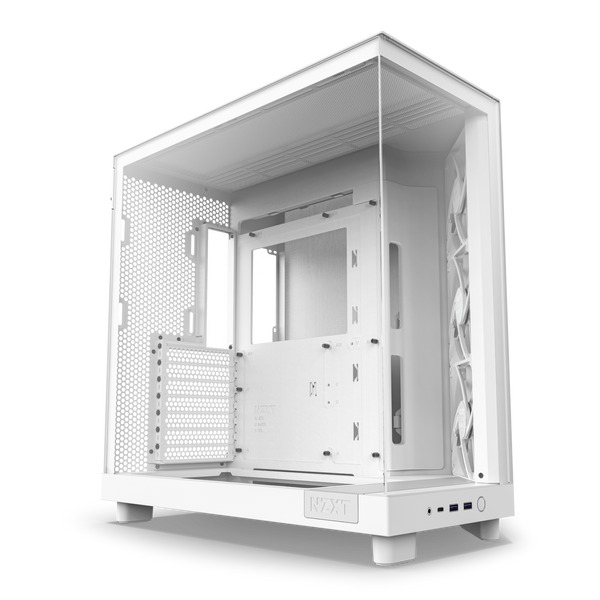 The NZXT H6 Flow is a white, modern computer case featuring a panoramic glass side panel, interior mounting slots, three front cooling fans for GPU cooling, and front I/O ports. Photographed against a white background.