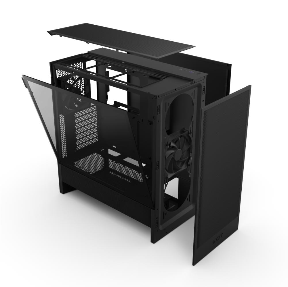 An exploded view of the NZXT H5 Flow black mid-tower case shows removable panels, a mesh front for airflow, a tempered glass side, and interior space with pre-installed cooling fans.
