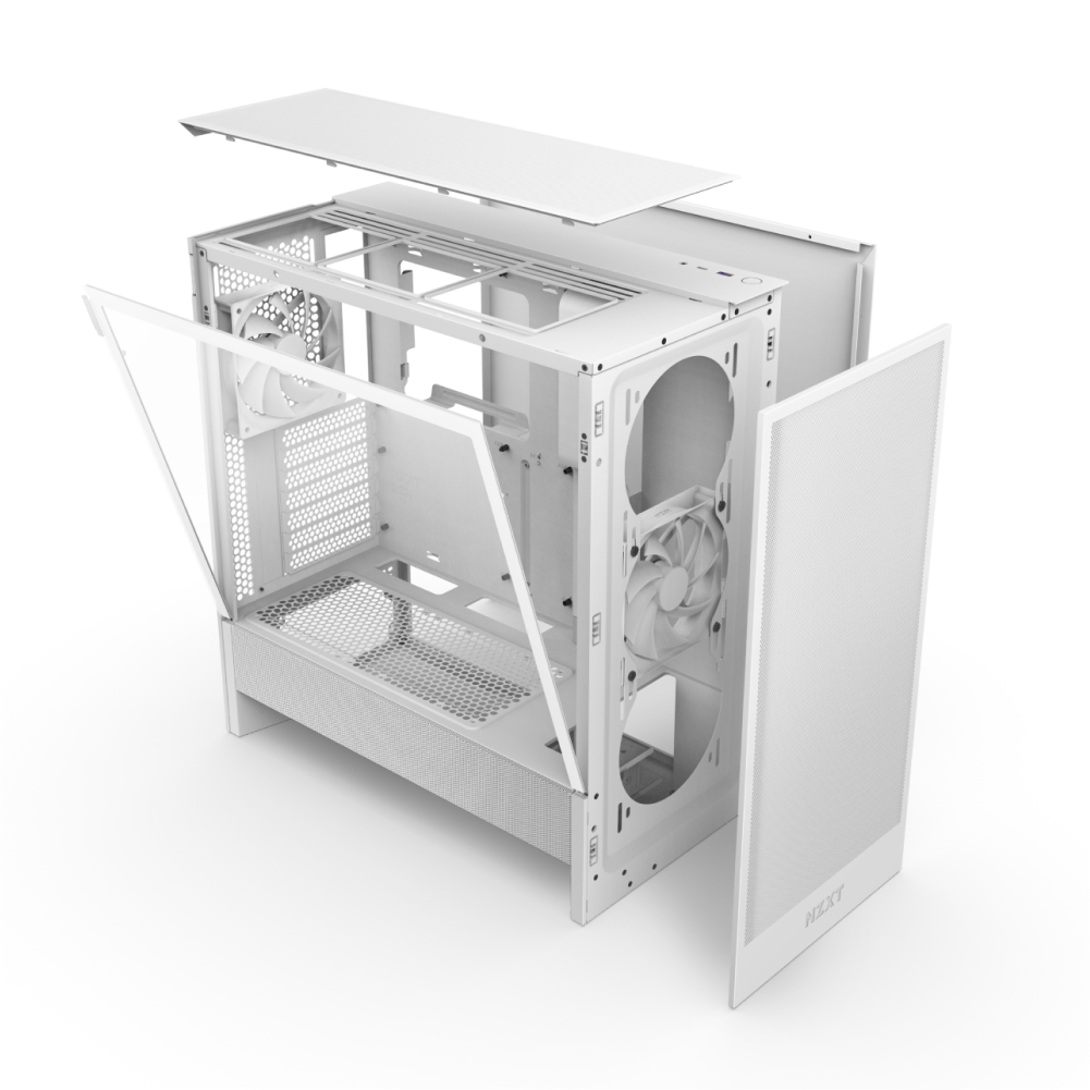 The NZXT H5 Flow white mid-tower case is displayed with its panels and front mesh cover removed, revealing internal fans, spacious compartments for PC components, and optimized airflow for efficient GPU cooling.