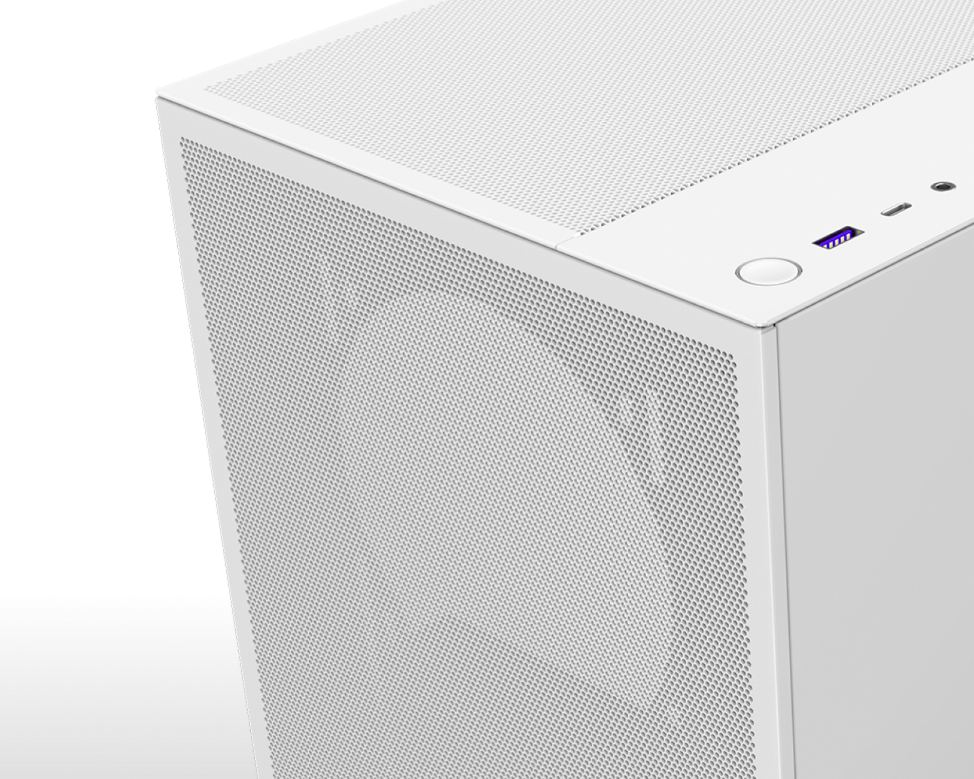 A close-up view of a white, minimalist computer case with a mesh front panel, power button, USB port, and audio jack on the top, emphasizing its clean and modern design.