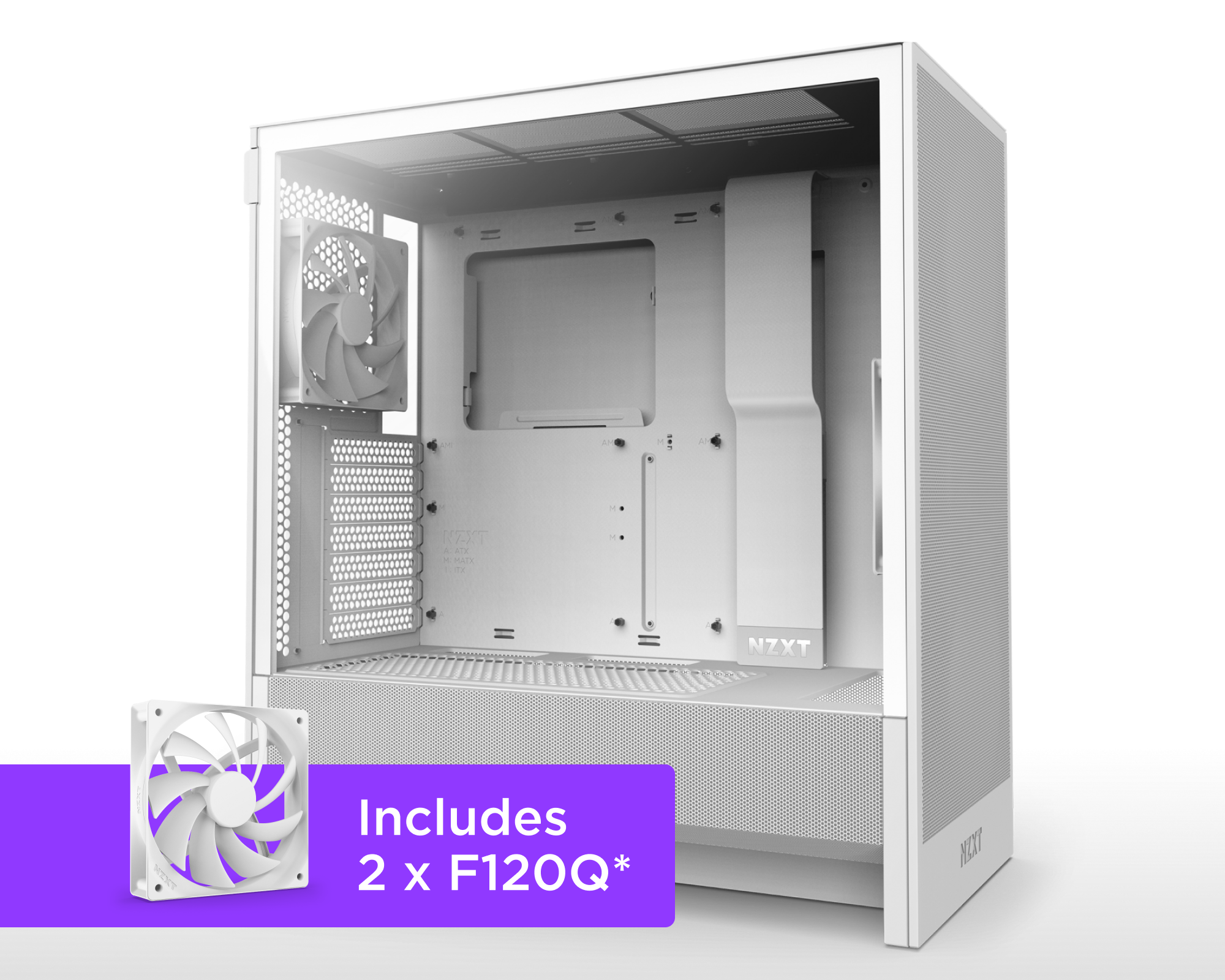 A white NZXT computer case with an empty interior is shown. An inset highlights that the case includes two F120Q cooling fans. The fan image and text are on a purple background in the lower left corner.