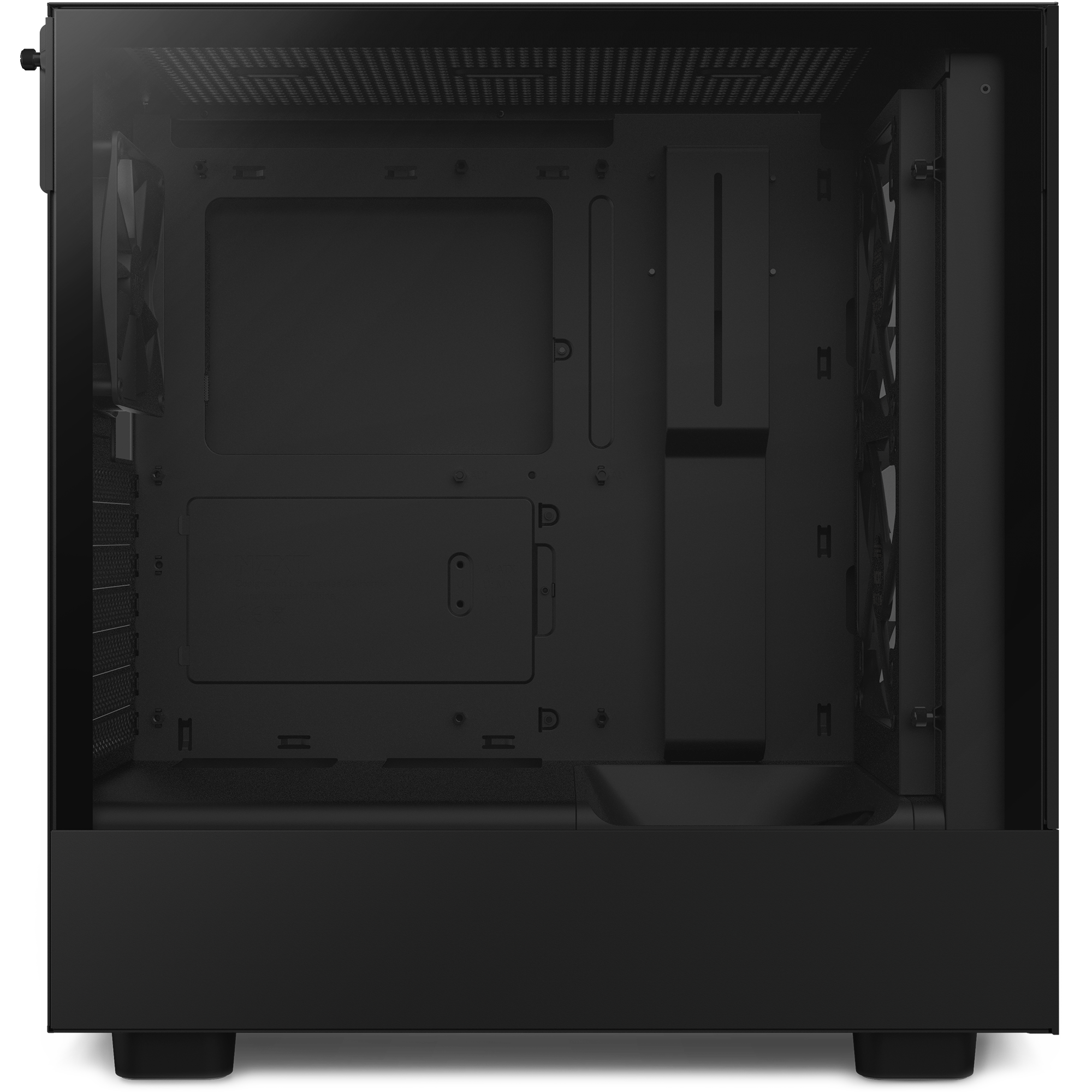 The NZXT Refurbished Player Two Base - #8457 is a minimalist black PC case with a transparent side panel, internal slots, ventilation fans, and cable management—ideal for refurbished or prebuilt gaming PCs.