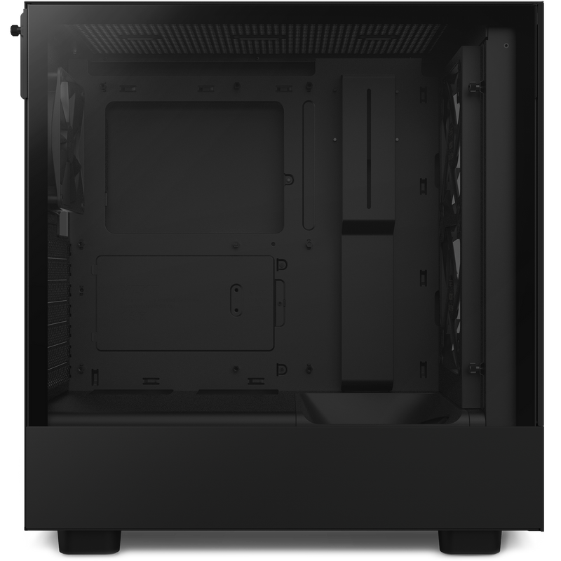 The NZXT Refurbished Custom Build - #8492 is a black PC case with a transparent side panel, revealing its frame, mounting slots, and fan placements—perfect for building or upgrading Prebuilt and Certified Refurbished Gaming PCs.