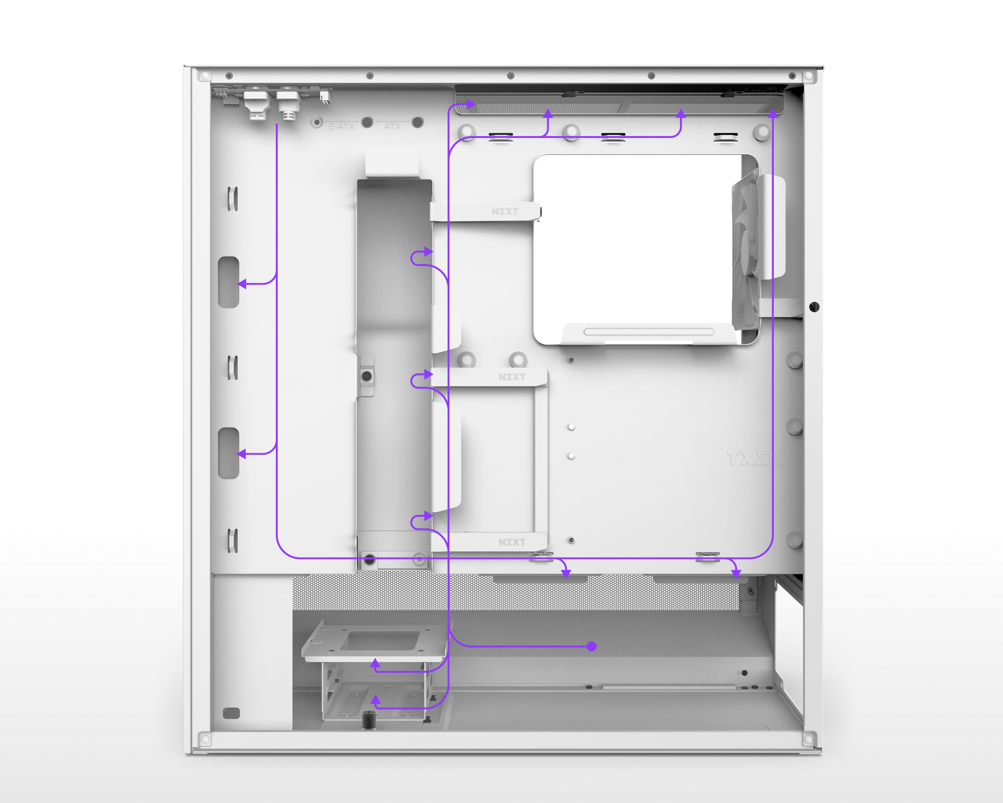 A white computer case with a diagram showing optimized cable routing paths in purple, guiding cables smoothly along the case’s interior edges and cutouts for tidy cable management.
