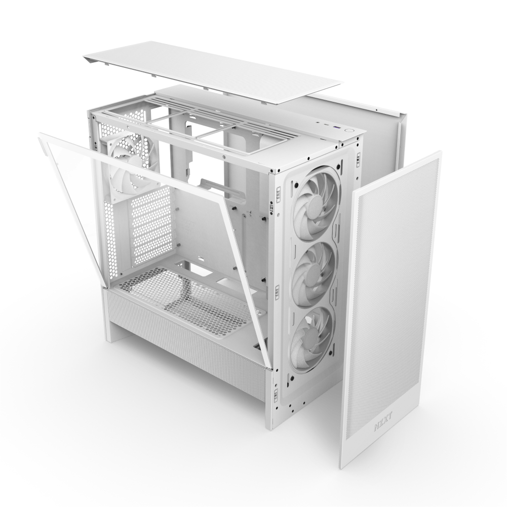 The NZXT H5 Flow RGB is a white computer case with front panel, side glass panel, and top cover removed, showing three front fans for optimal airflow and an open interior for easy PC component installation.