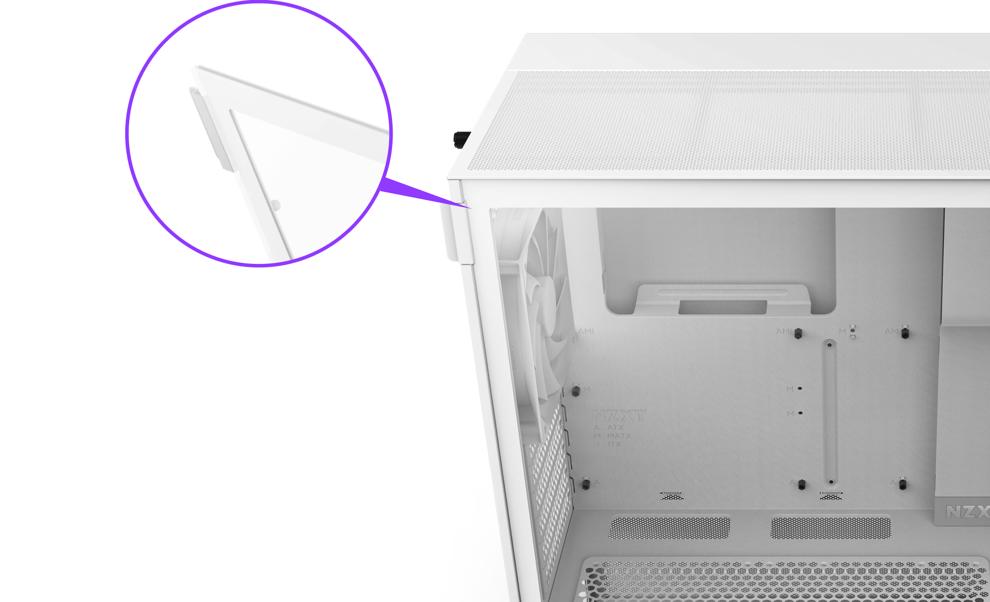 Close-up of a white computer case with a zoomed-in view highlighting the easy removal of a side glass panel, partially open, using a hinged design.