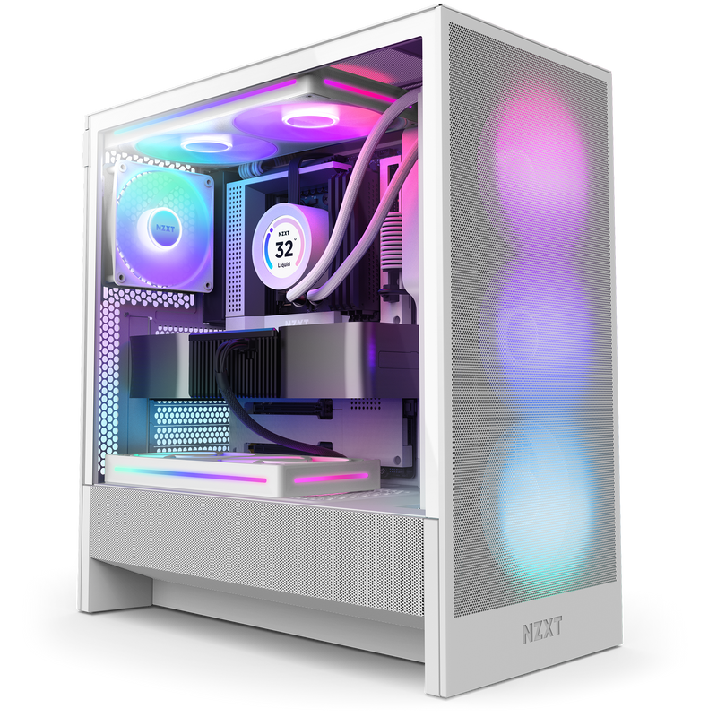 NZXT H5 Flow RGB white shown in a completed build behind tempered glass. Components other than the case are sold separately.