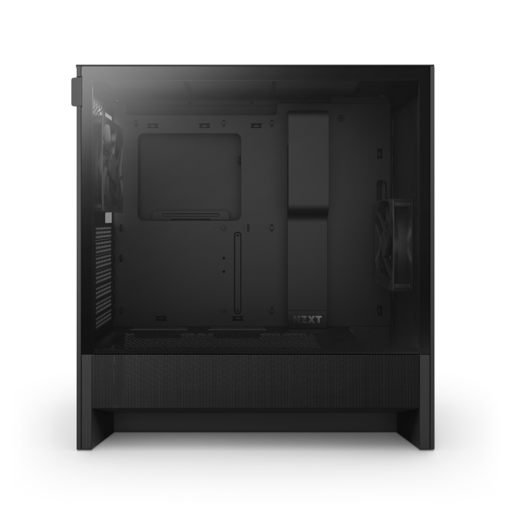 The NZXT H5 Flow is a black mid-tower case with a transparent side panel, two pre-installed fans, and internal mounts for components. Its minimalist modern design supports optimal airflow and showcases your build.