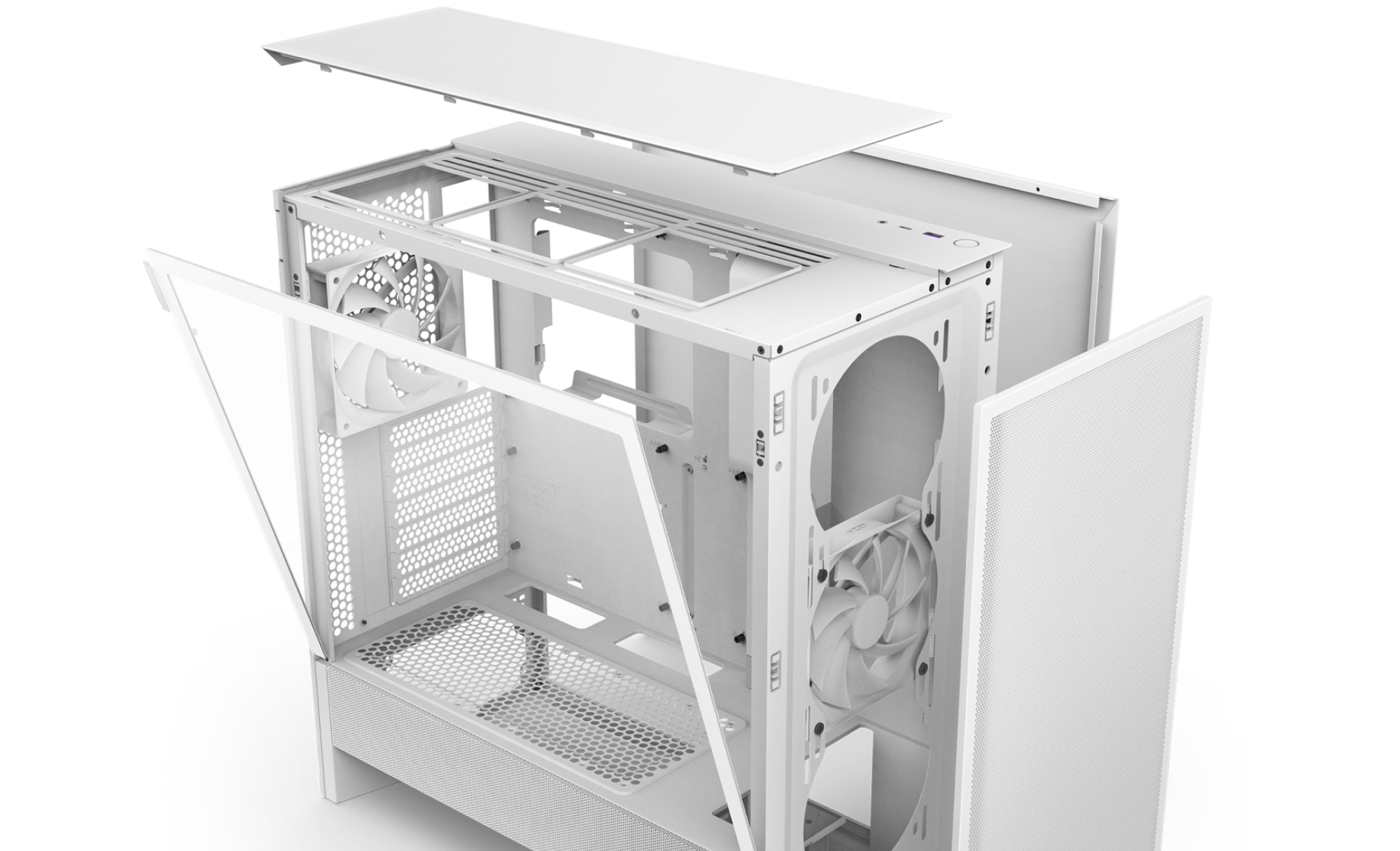 A white computer case is shown with its top, front, and side panels removed and angled outward, revealing internal compartments and mounted cooling fans.