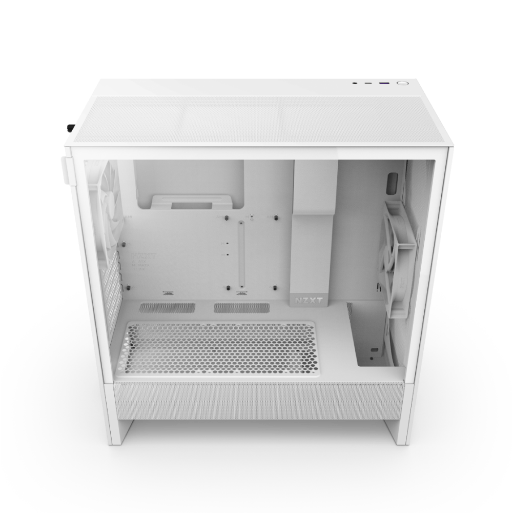 The NZXT H5 Flow is a white mid-tower desktop case with a transparent side panel, designed for optimal airflow, efficient GPU cooling, built-in fans, and easy PC component installation.
